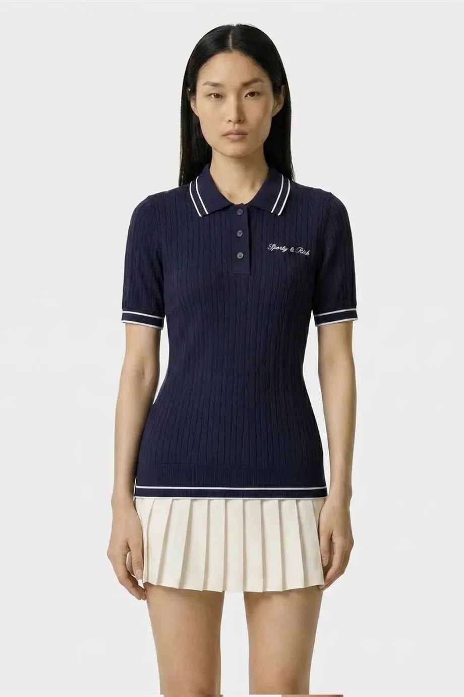 Sporty & Rich Signature Logo Mini Cable Polo T-Shirt in Blue