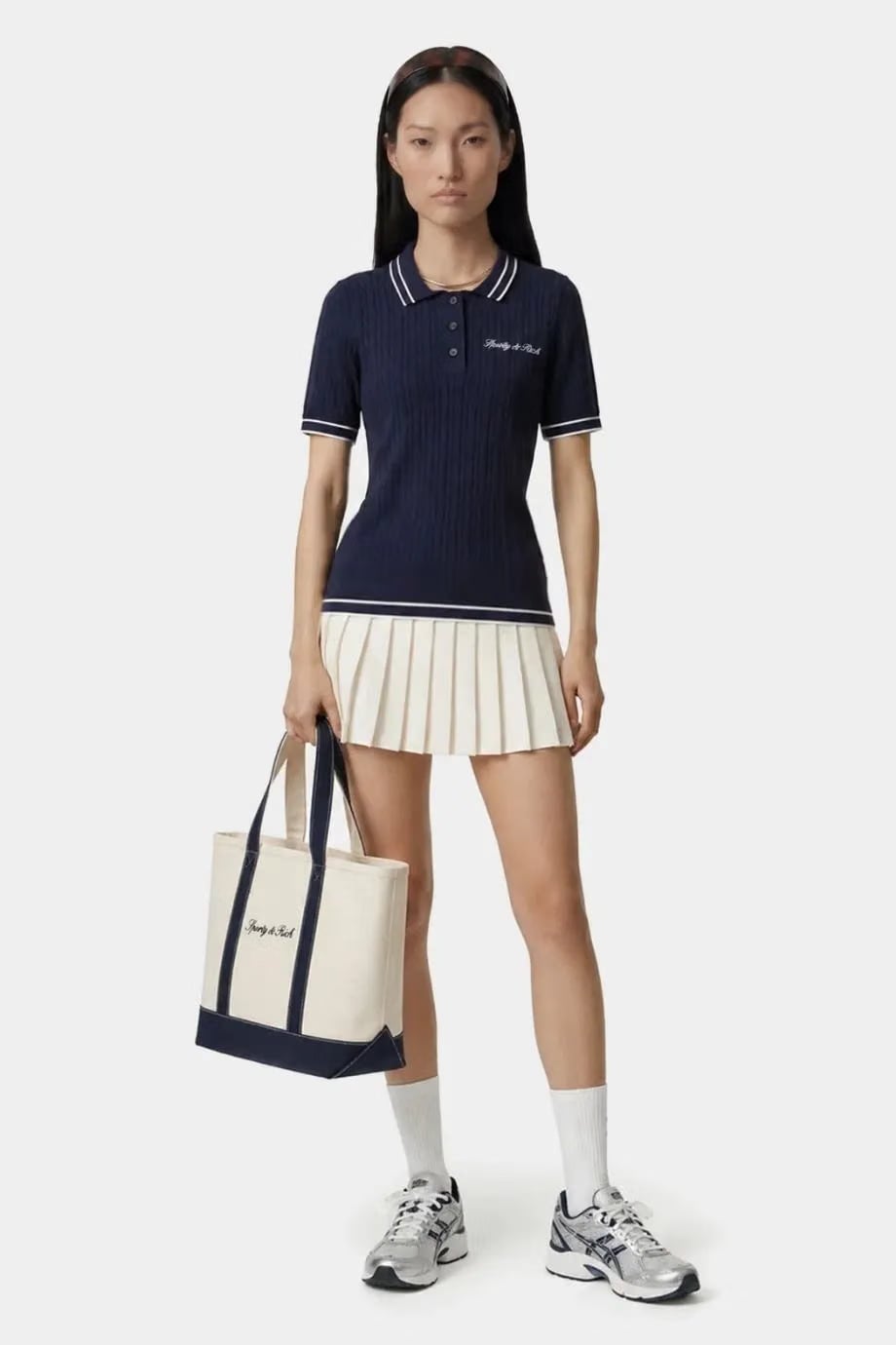 Sporty & Rich Signature Logo Mini Cable Polo T-Shirt in Blue
