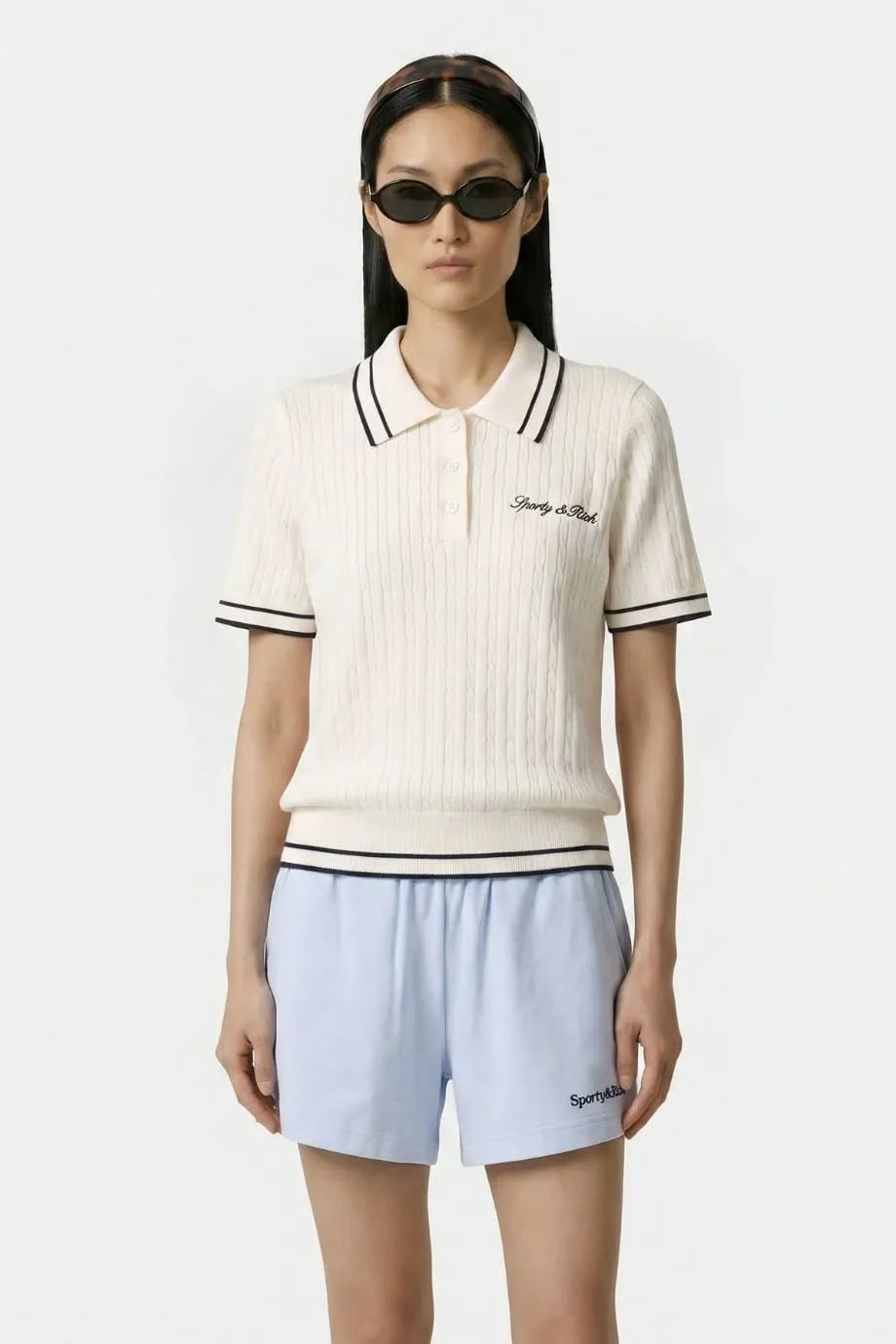 Sporty & Rich Signature Logo Mini Cable Polo T-Shirt in White
