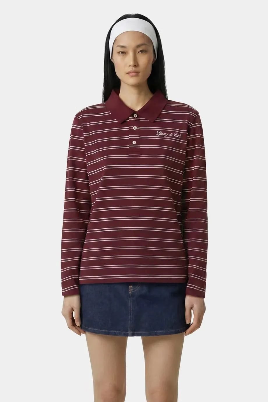 Sporty & Rich Signature Logo Easy Stripes Polo T-Shirt in Red
