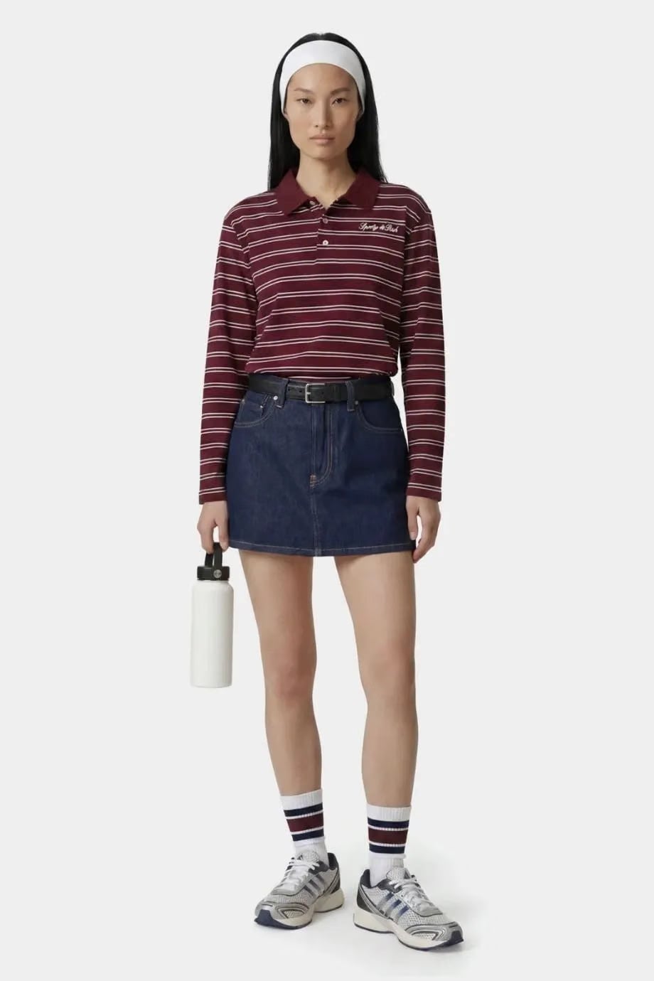 Sporty & Rich Signature Logo Easy Stripes Polo T-Shirt in Red