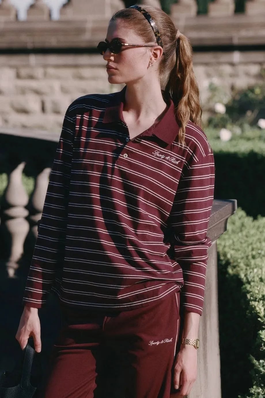 Sporty & Rich Signature Logo Easy Stripes Polo T-Shirt in Red