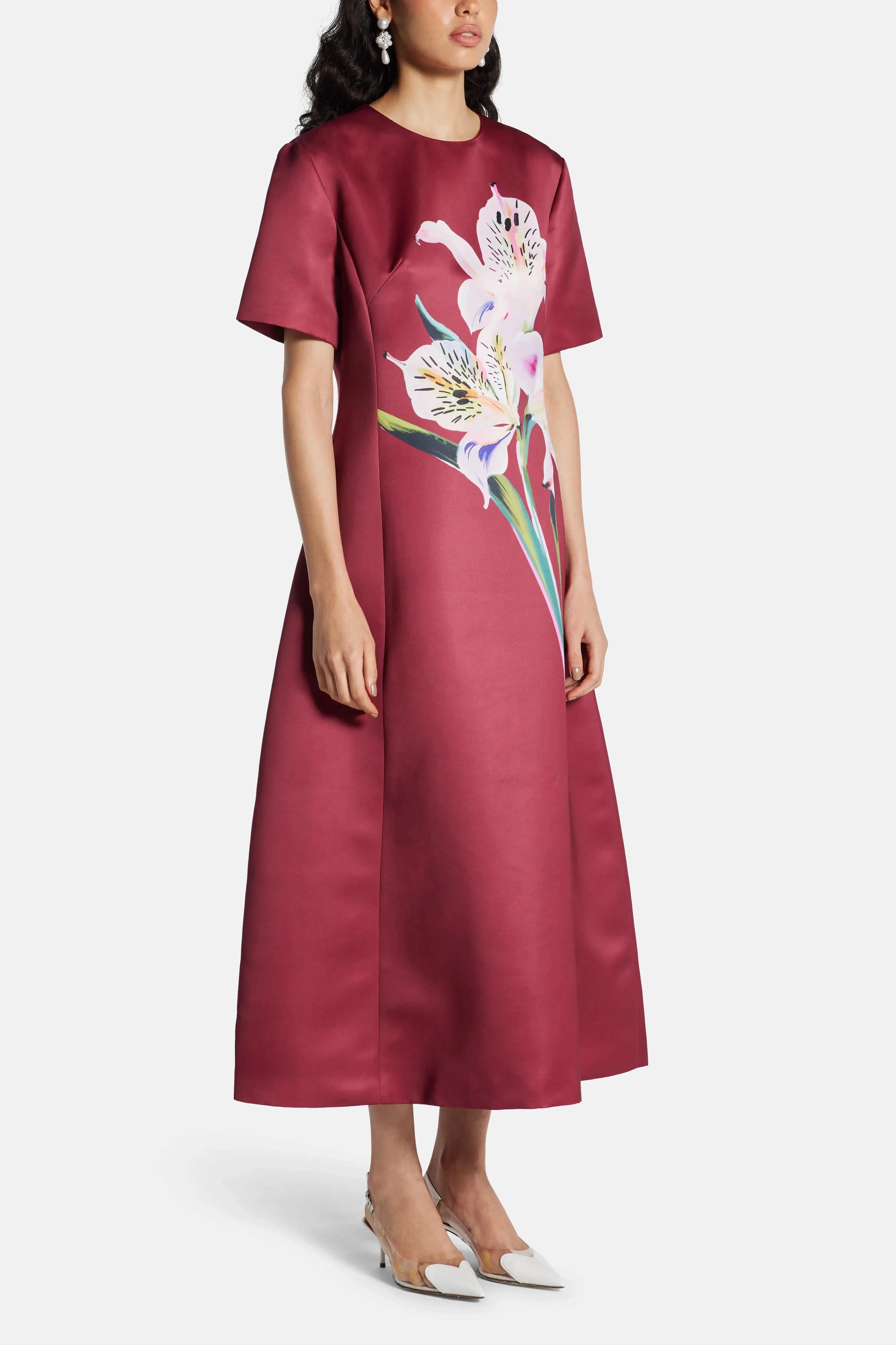 Leo Lin Caroline Short Sleeve Floral Applique Midi Dress In Burgundy