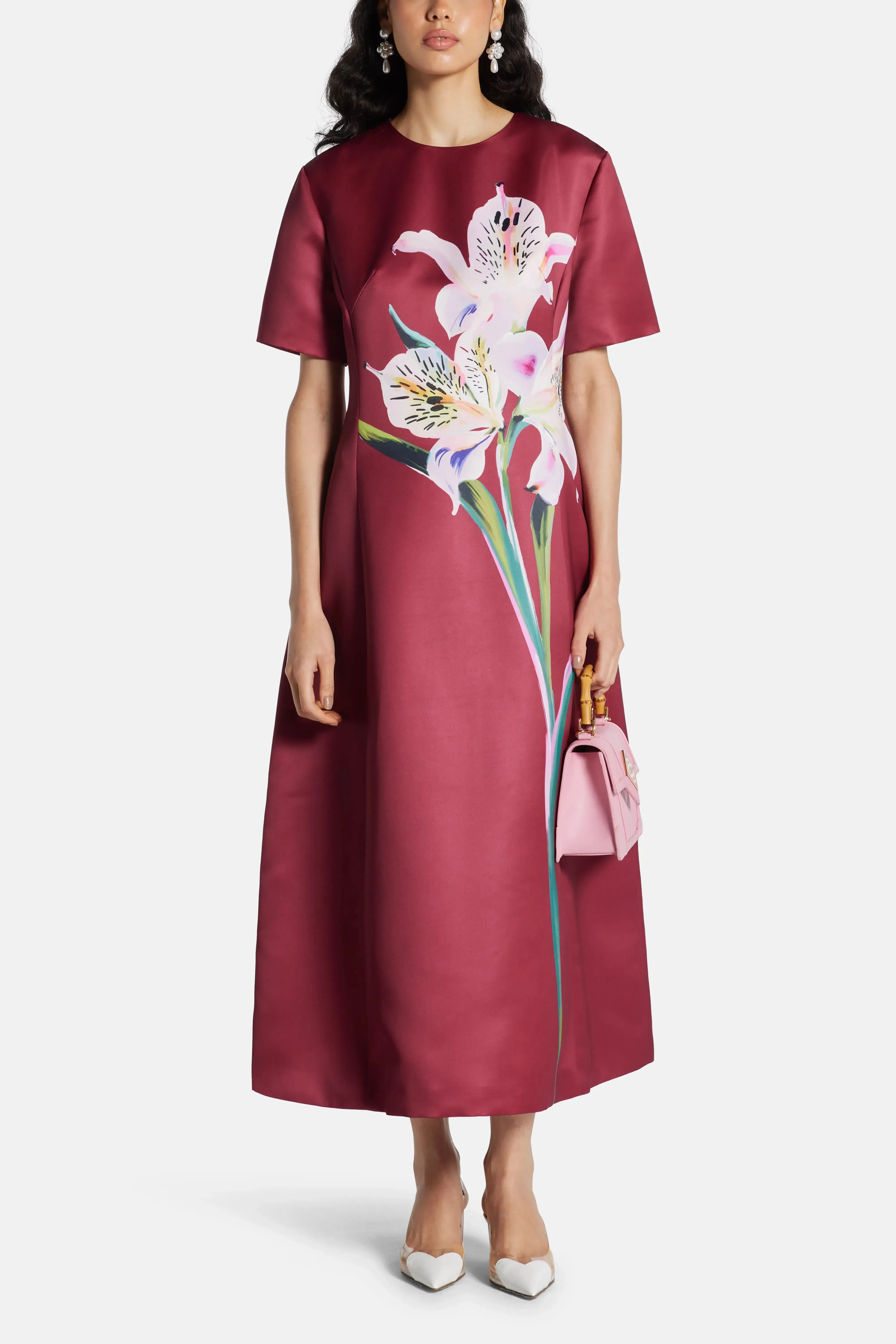Leo Lin Caroline Short Sleeve Floral Applique Midi Dress In Burgundy