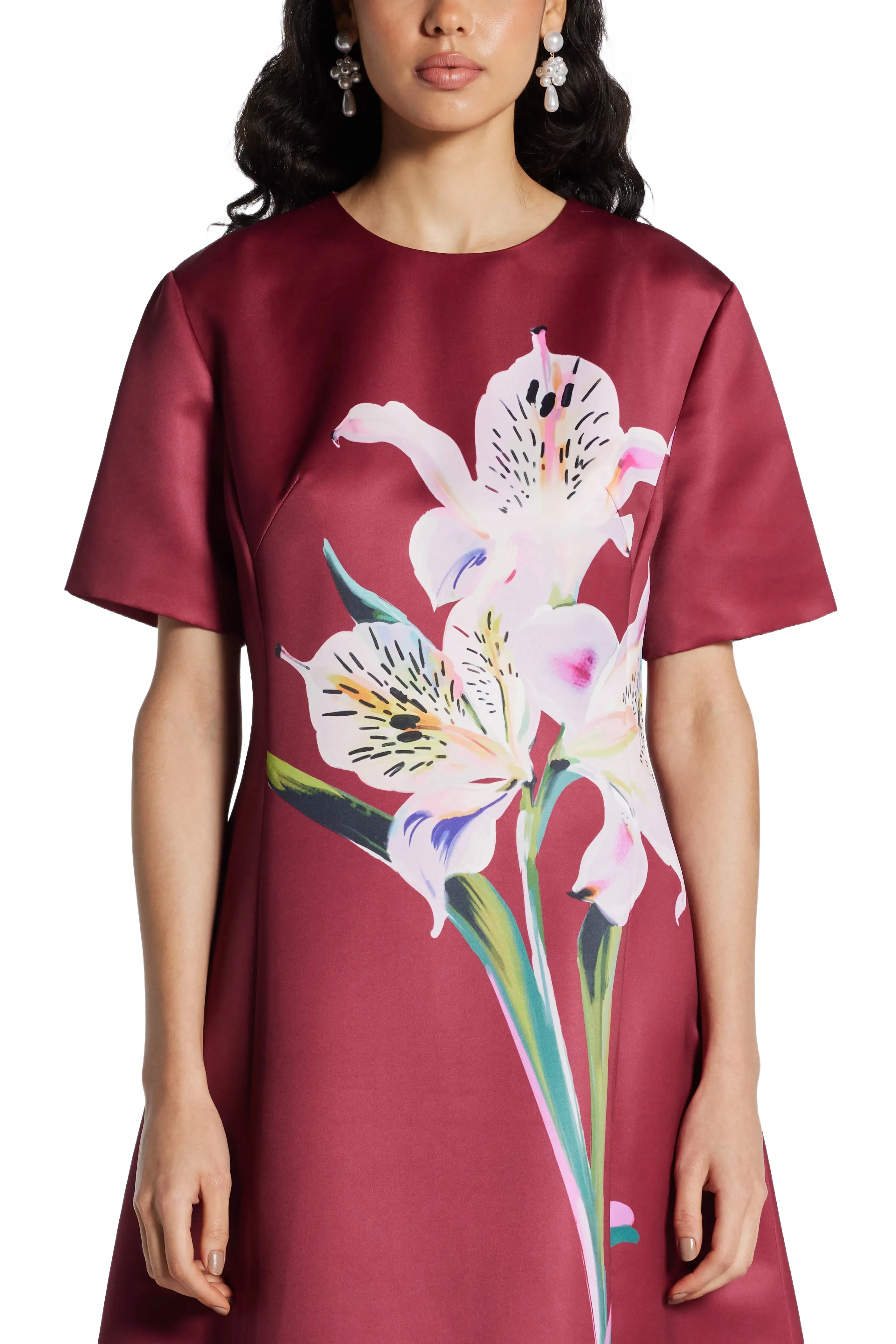Leo Lin Caroline Short Sleeve Floral Applique Midi Dress In Burgundy