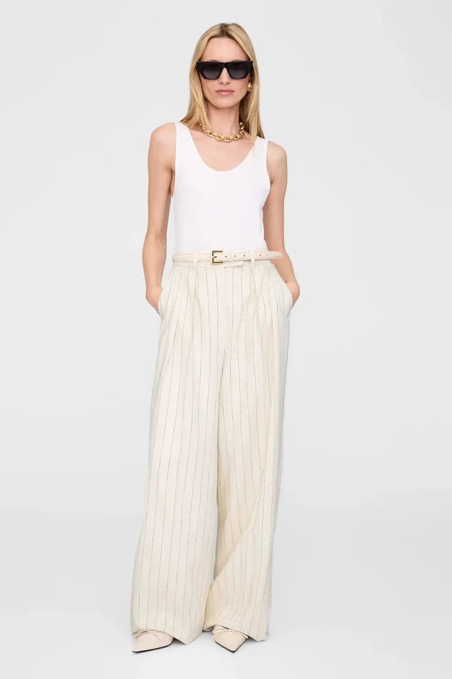 ANINE BING Lou Wide Legged Flared Trousers in Cream