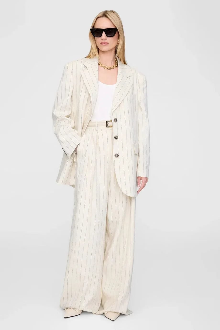 ANINE BING Lou Wide Legged Flared Trousers in Cream