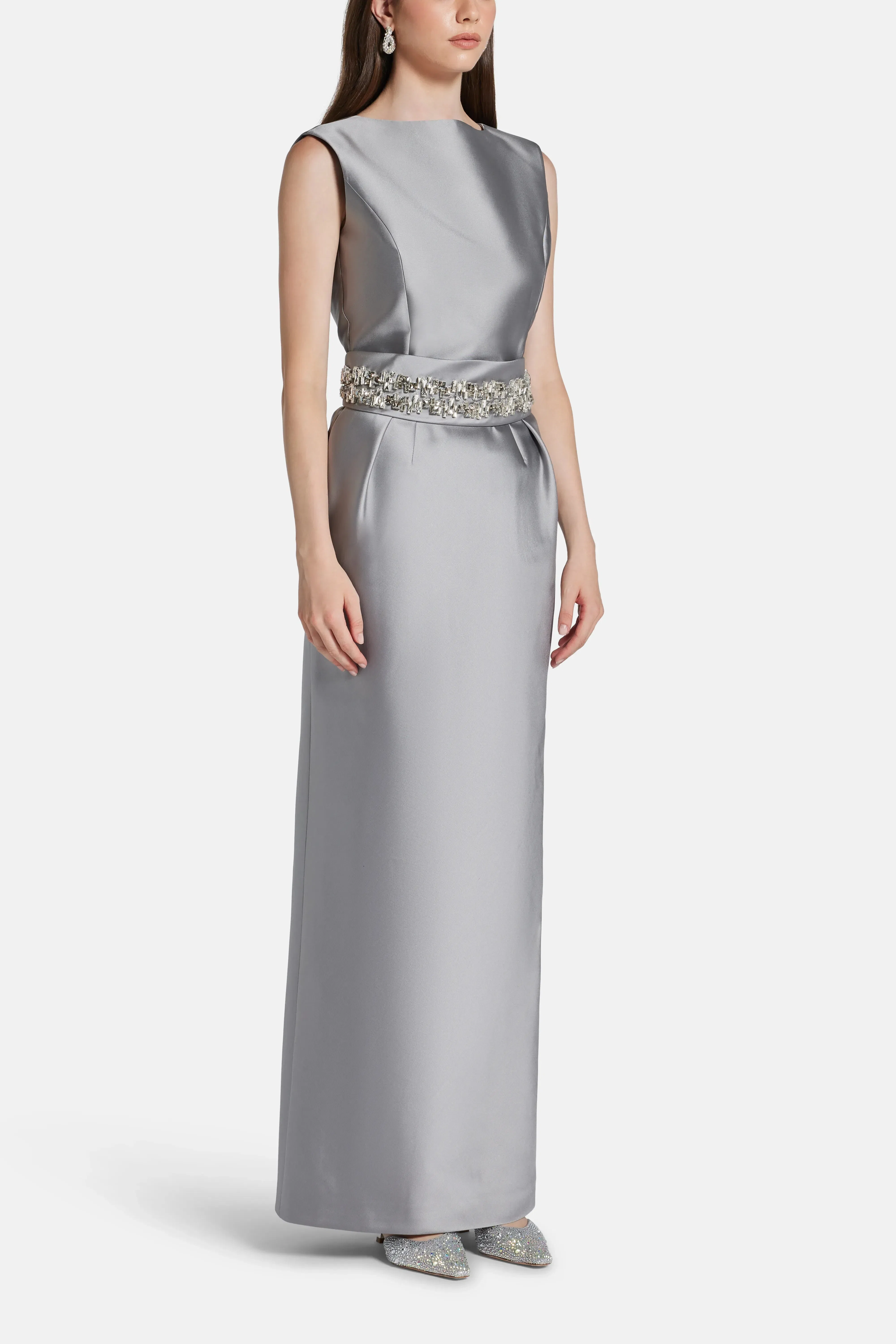 Dice Kayek Belted Sleeveless Evening Dress in Silver