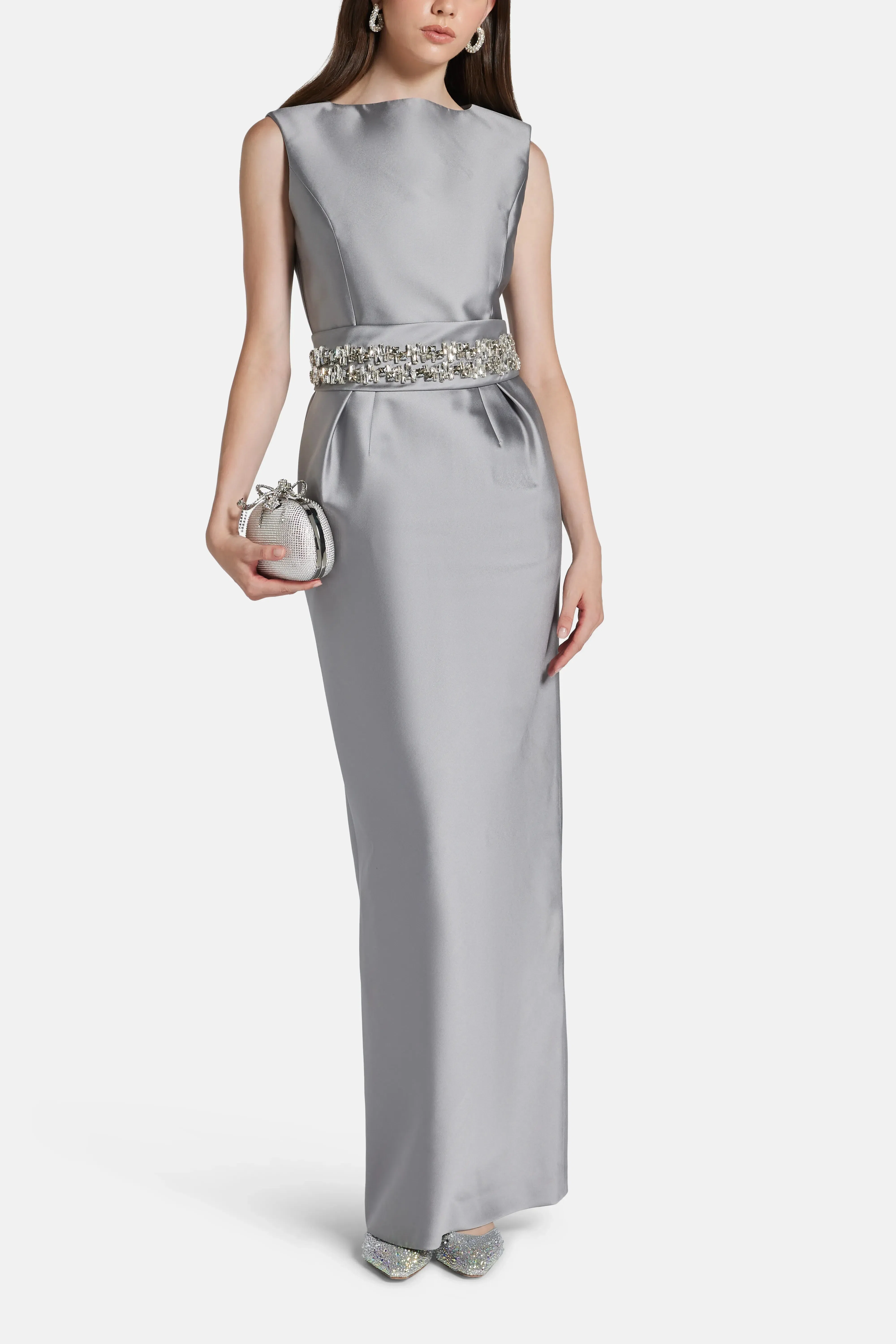 Dice Kayek Belted Sleeveless Evening Dress in Silver