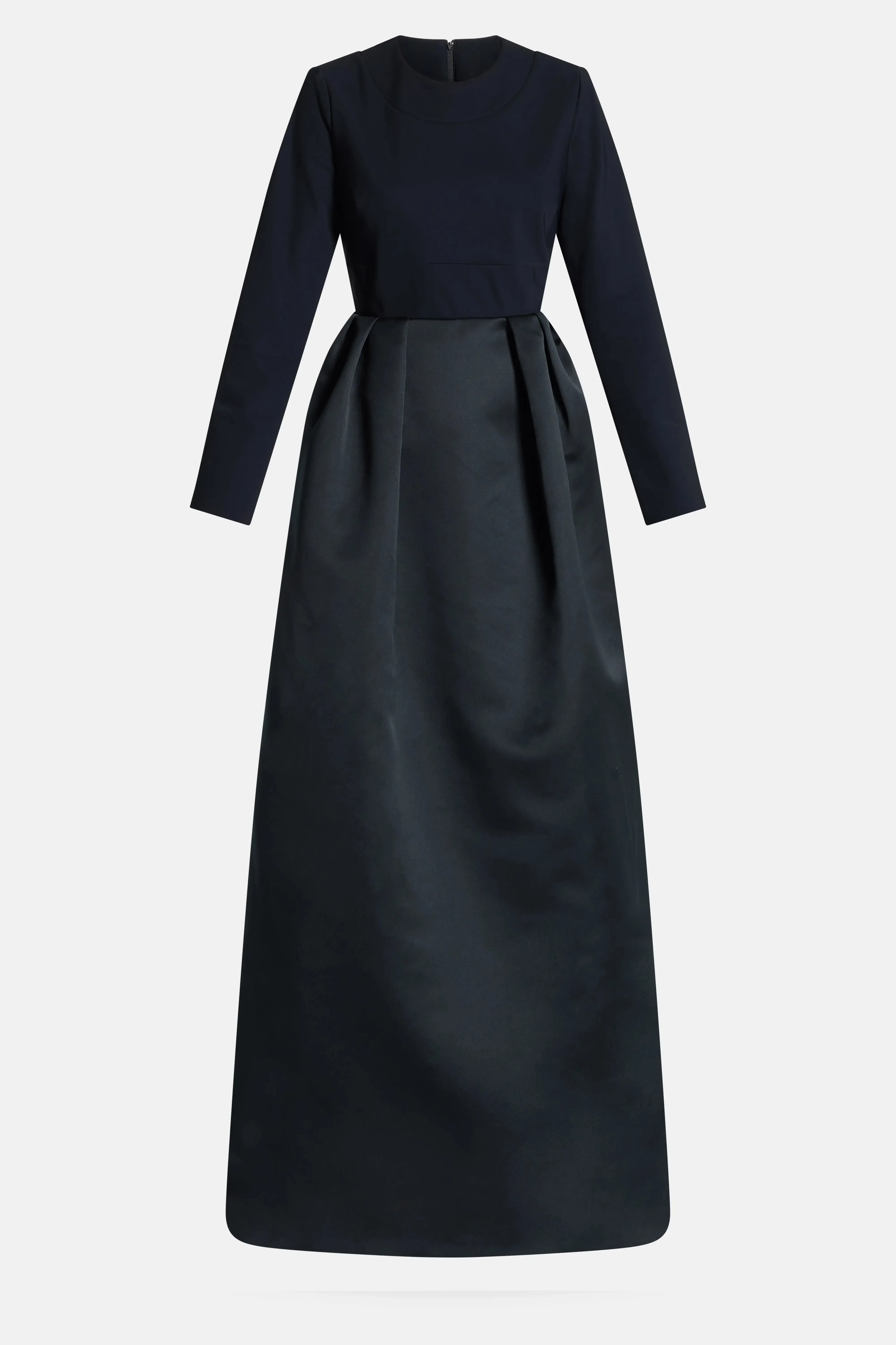 Greta Constantine Box Pleats Long Sleeves Round Neck Evening Dress in Black