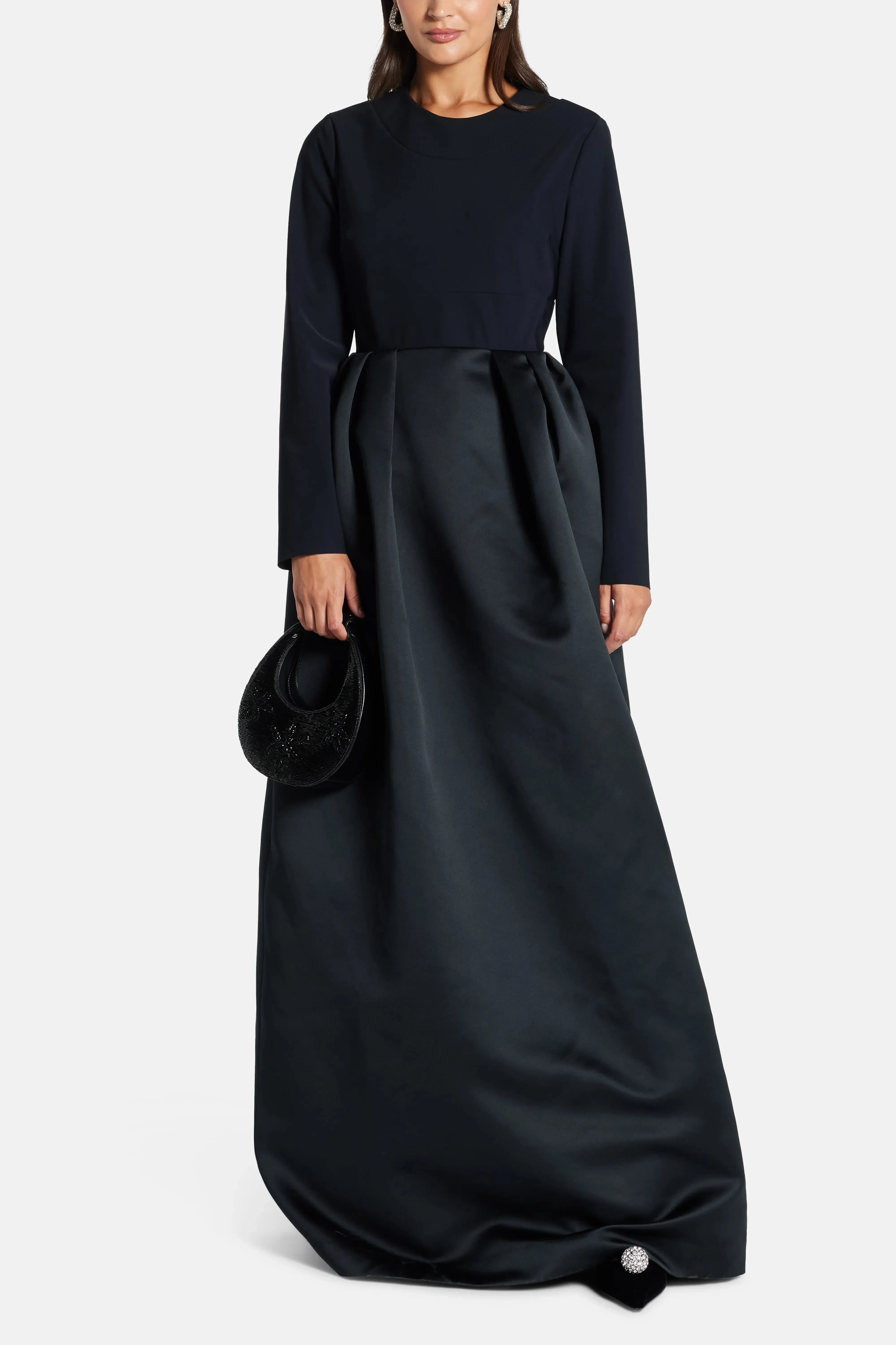 Greta Constantine Box Pleats Long Sleeves Round Neck Evening Dress in Black
