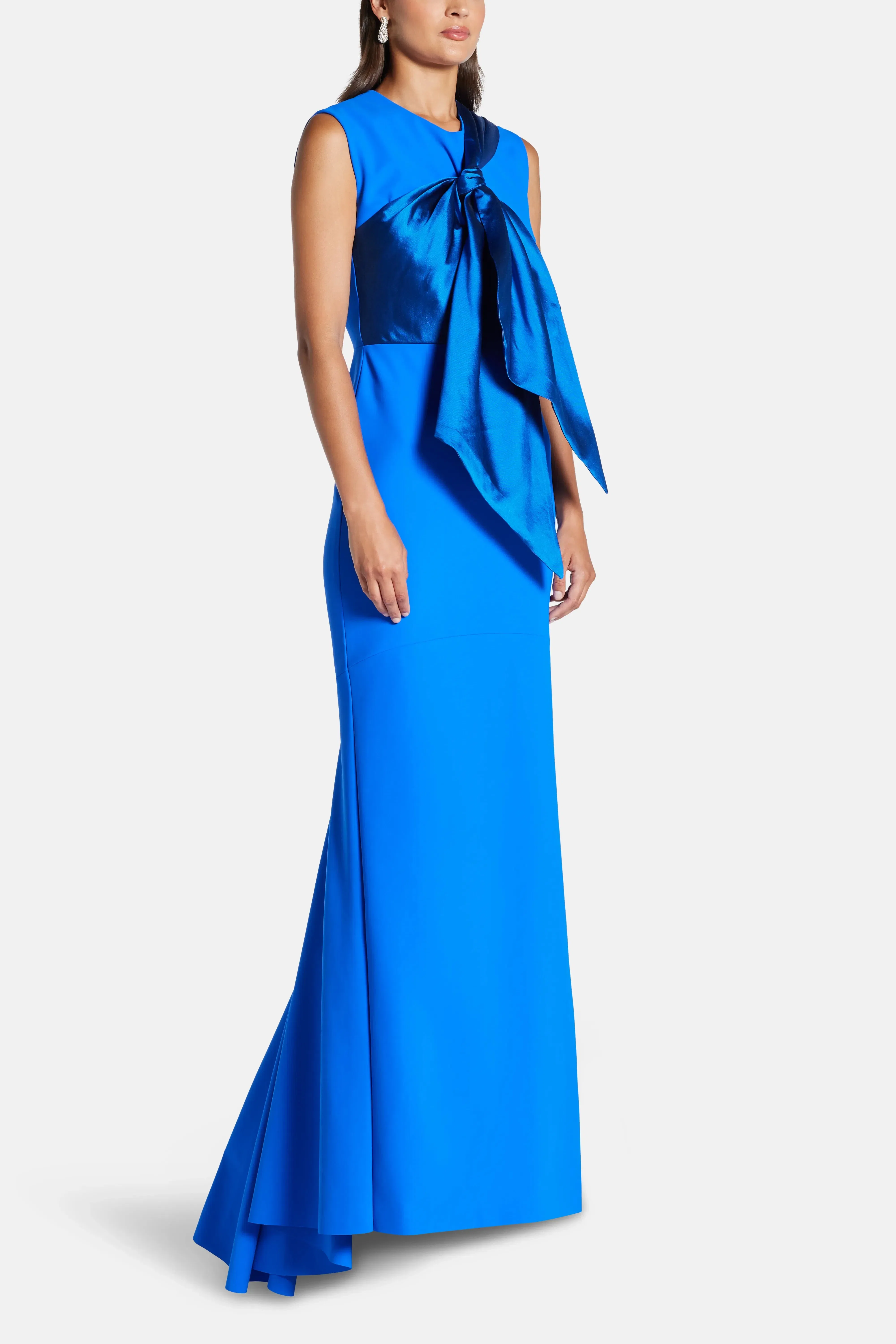 Greta Constantine Floral Applique Contrast A-Line Evening Gown in Blue