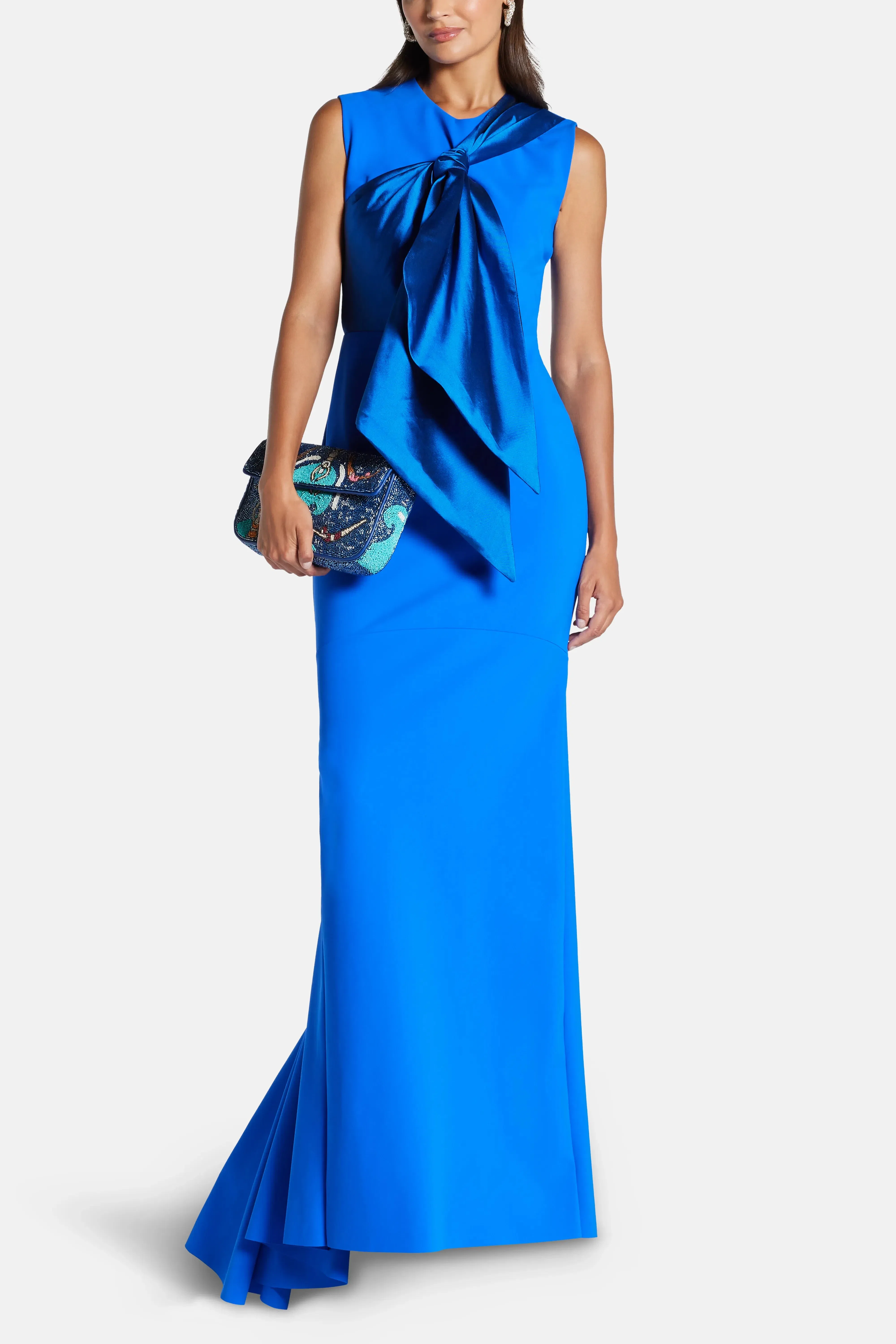 Greta Constantine Floral Applique Contrast A-Line Evening Gown in Blue
