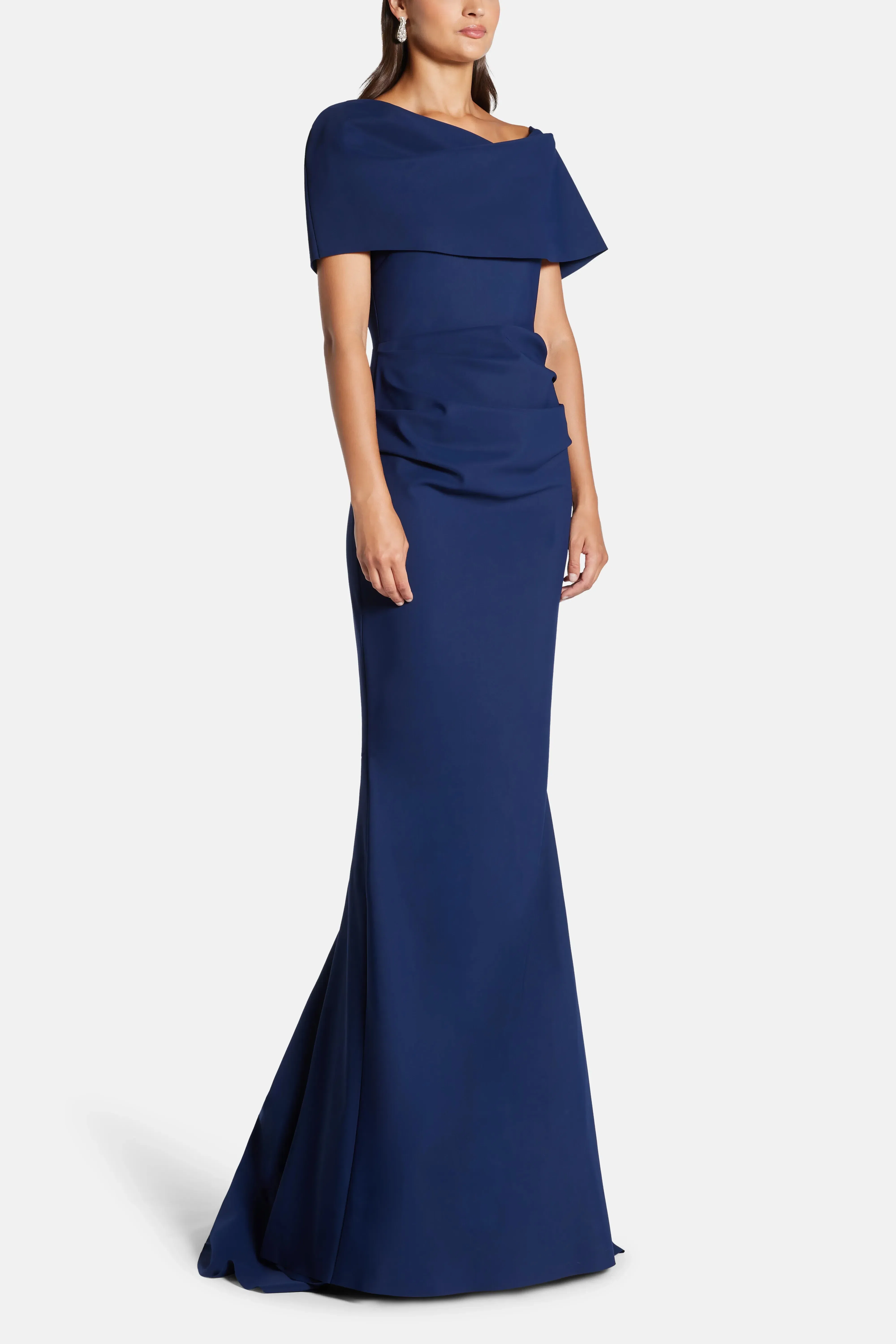 Greta Constantine Across The Shoulder Evening Gown With Train in Blue