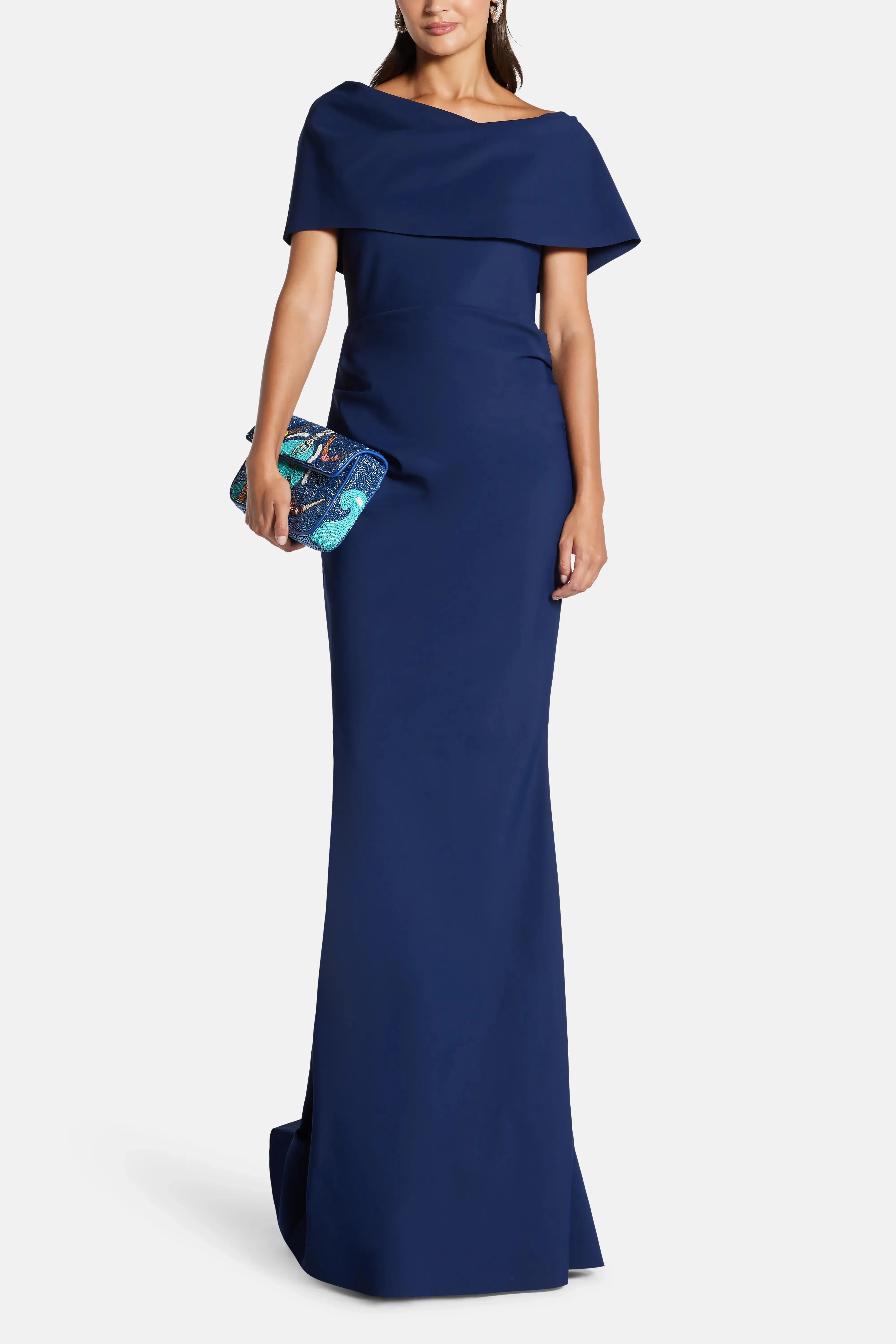 Greta Constantine Across The Shoulder Evening Gown With Train in Blue