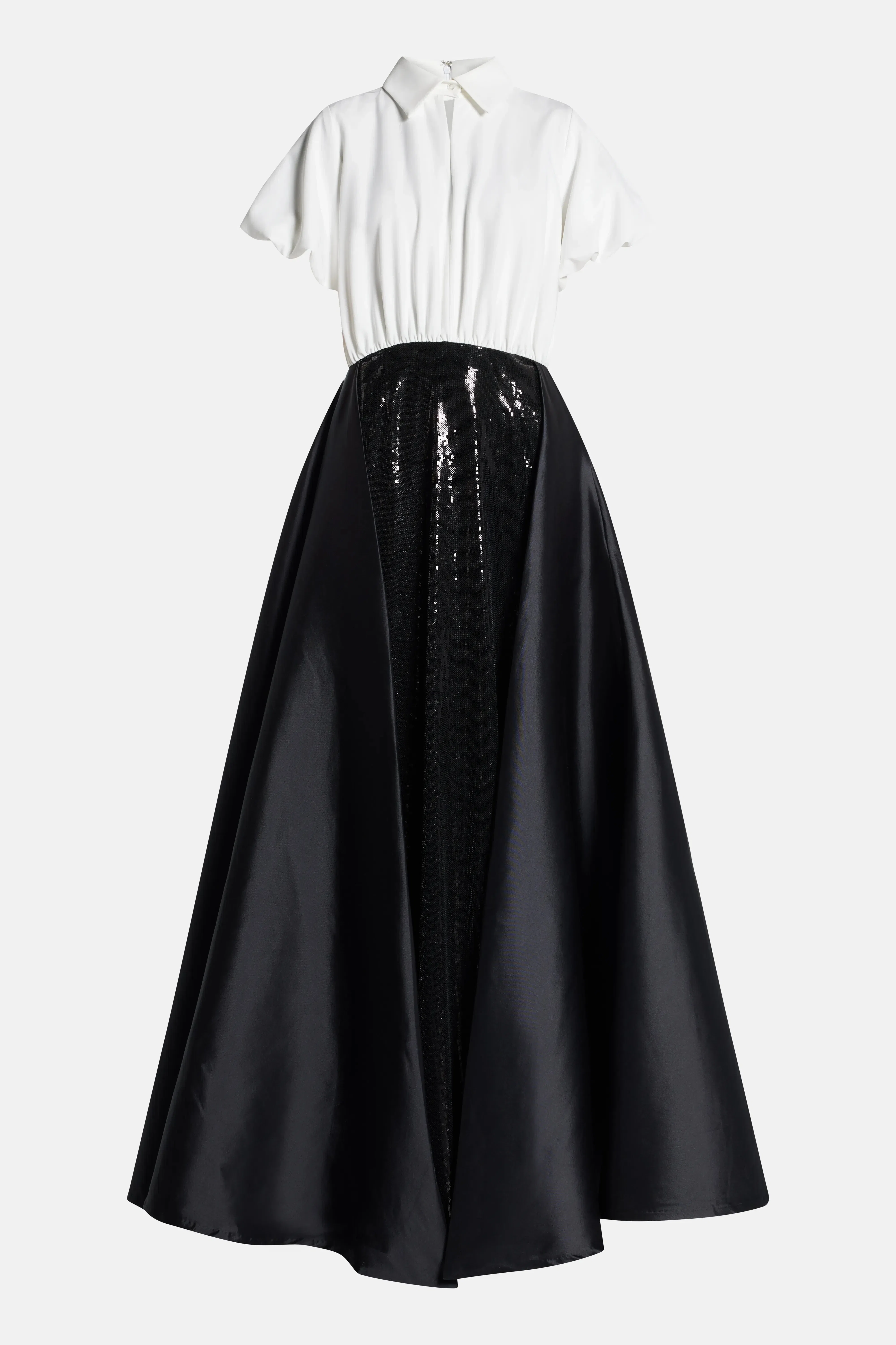 Greta Constantine Collared Evening Dress with Skirt Overlay in Black and White