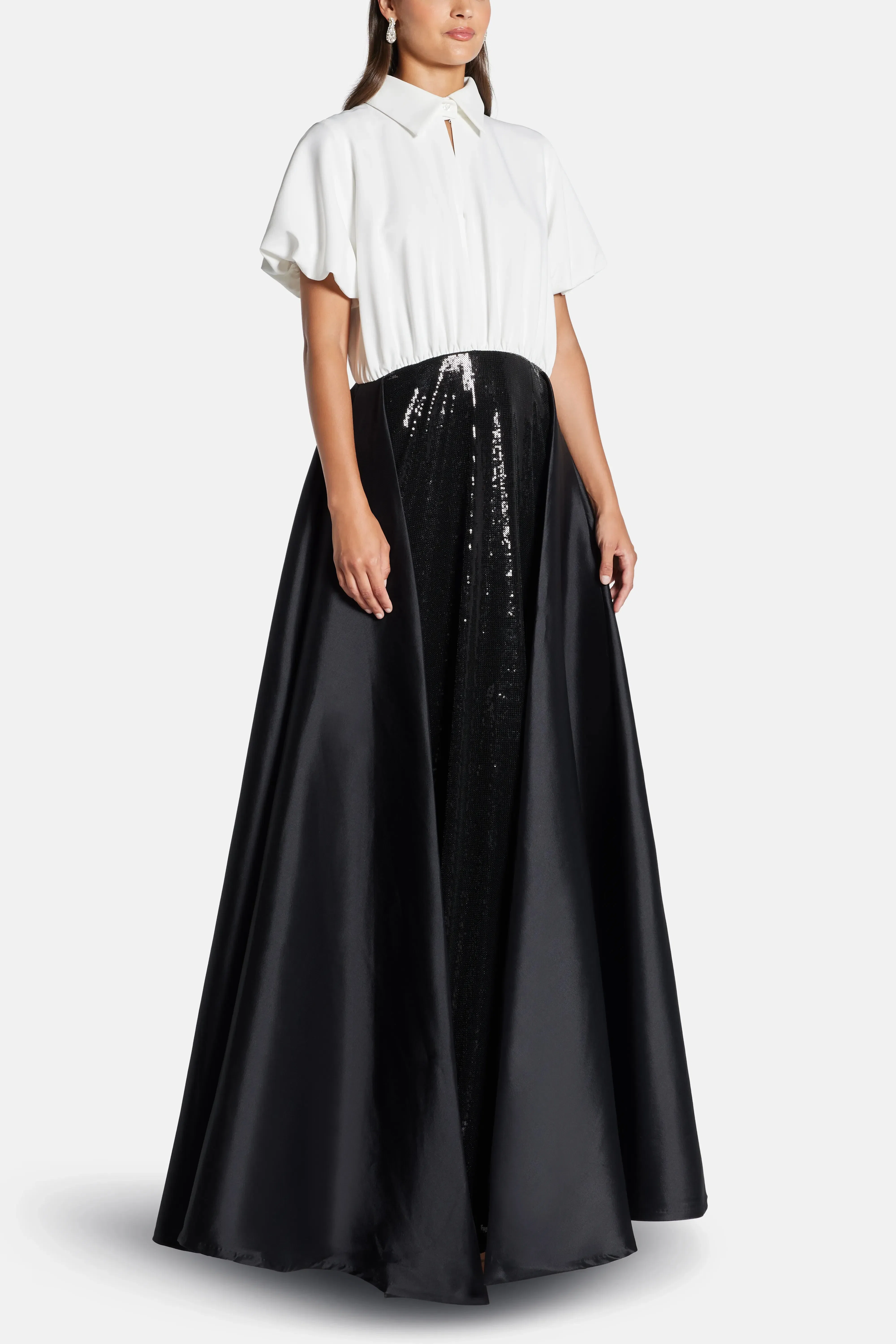 Greta Constantine Collared Evening Dress with Skirt Overlay in Black and White