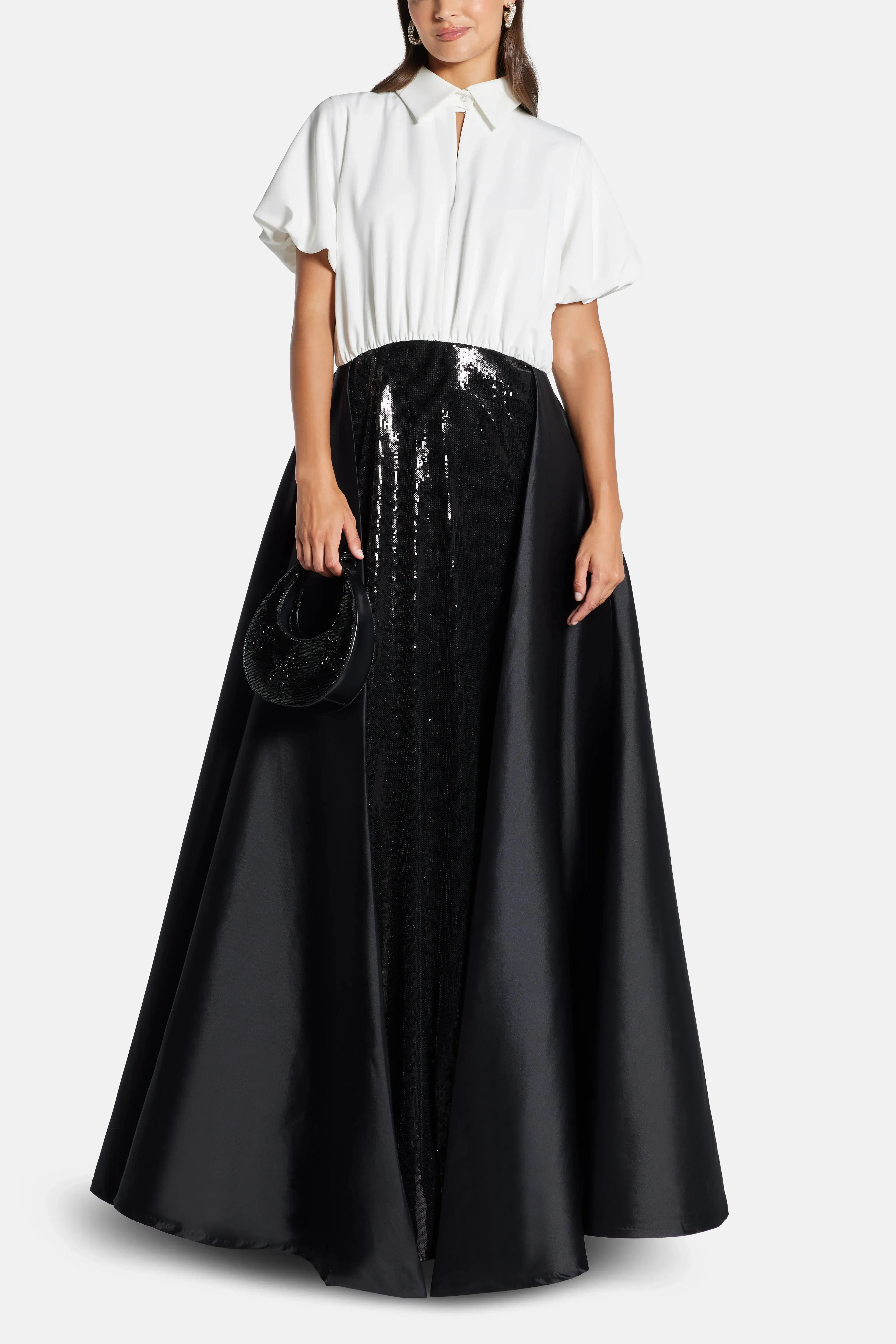 Greta Constantine Collared Evening Dress with Skirt Overlay in Black and White