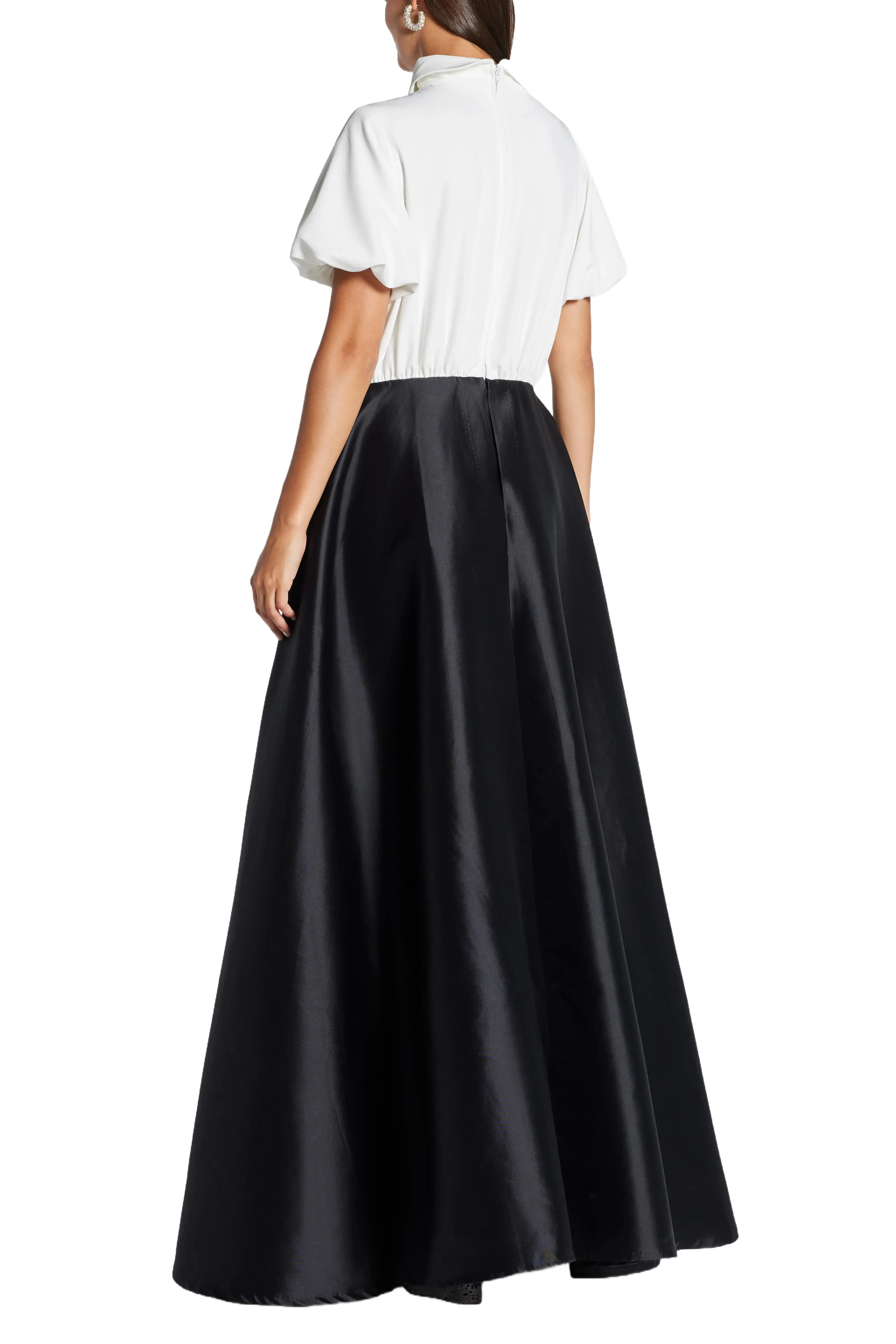 Greta Constantine Collared Evening Dress with Skirt Overlay in Black and White