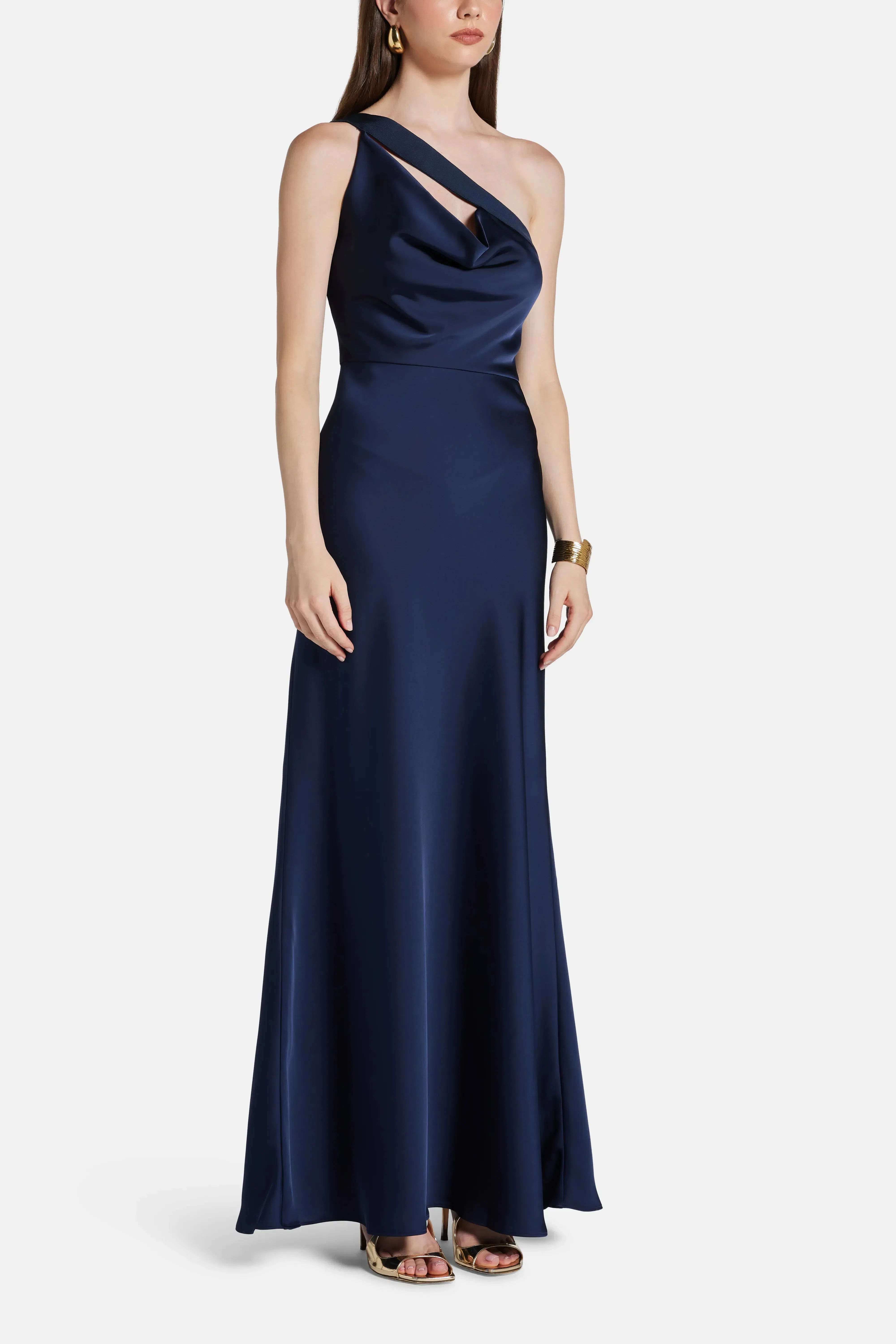 Hervé Léger Vivian One Shoulder Silk Satin Evening Gown in Blue