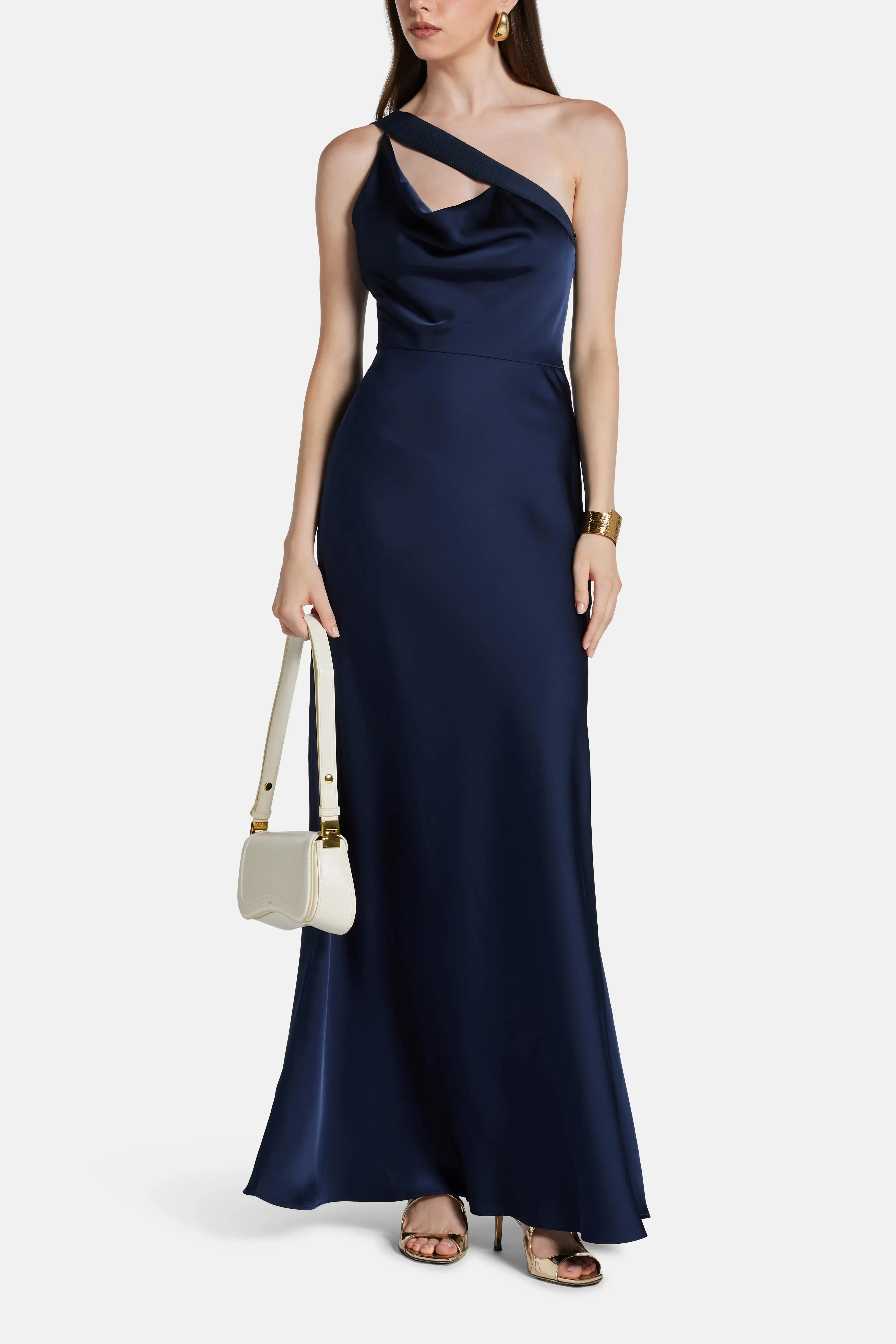 Hervé Léger Vivian One Shoulder Silk Satin Evening Gown in Blue