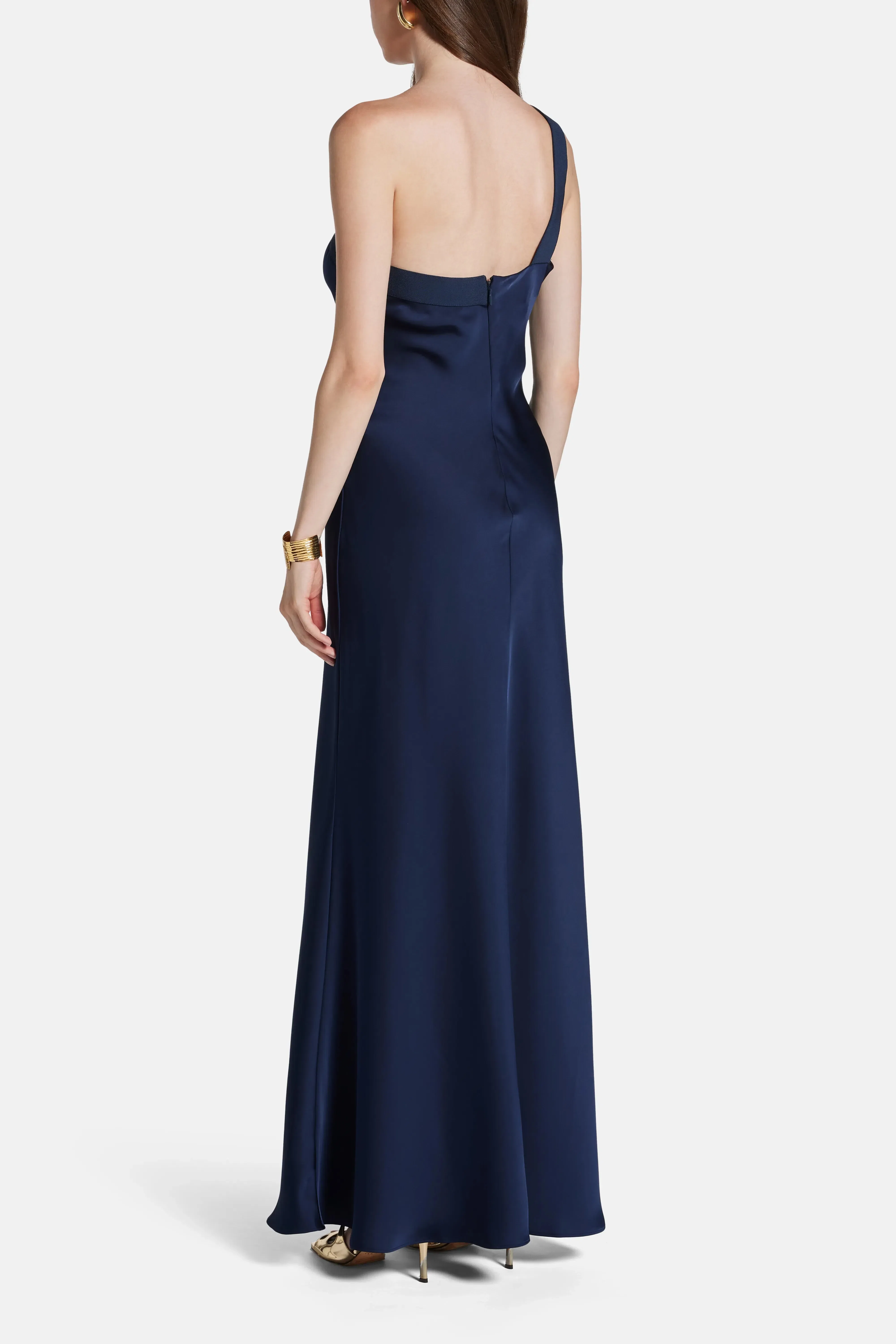 Hervé Léger Vivian One Shoulder Silk Satin Evening Gown in Blue