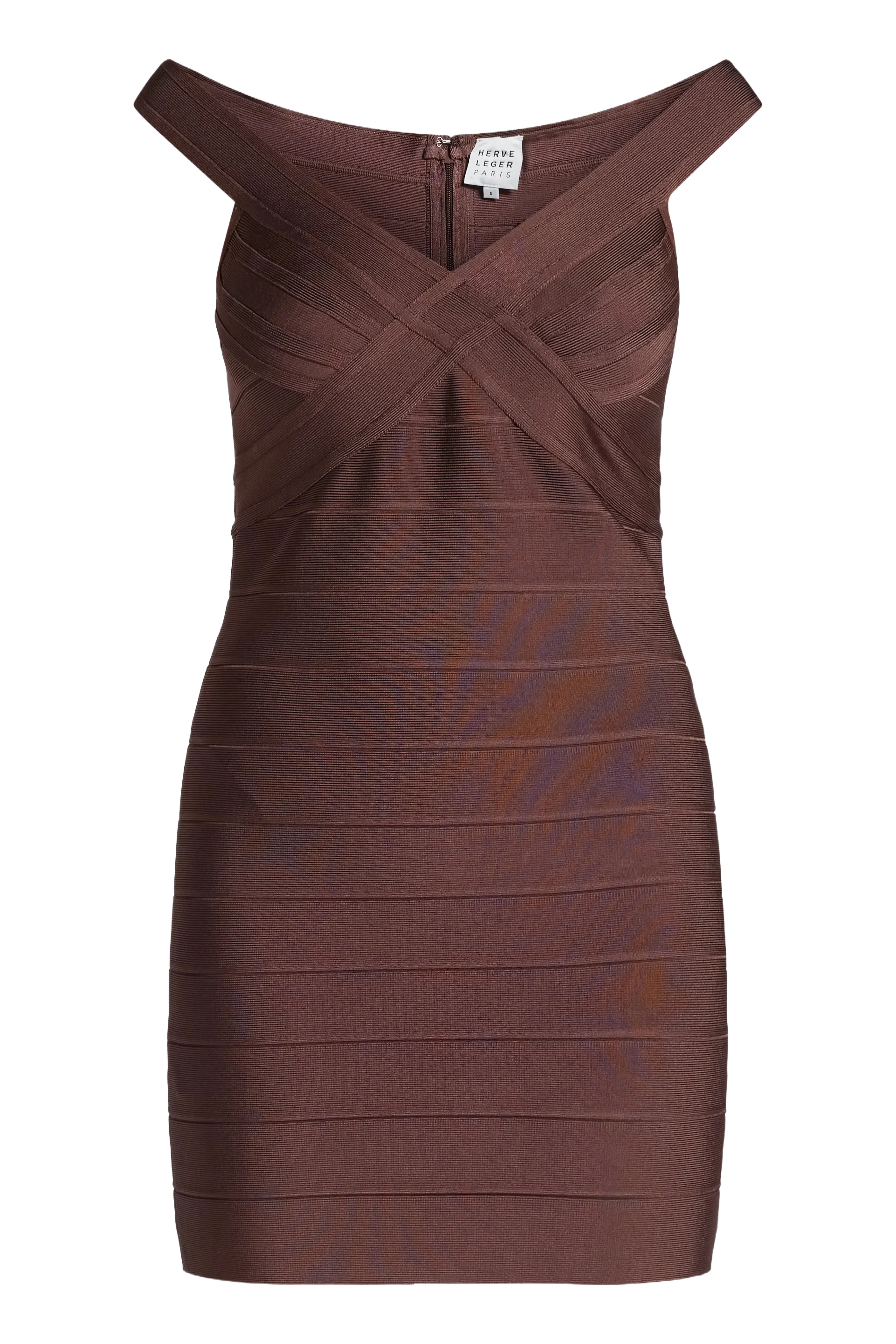 Hervé Léger Rachel Off Shoulder Bandage Knit Mini Dress in Brown