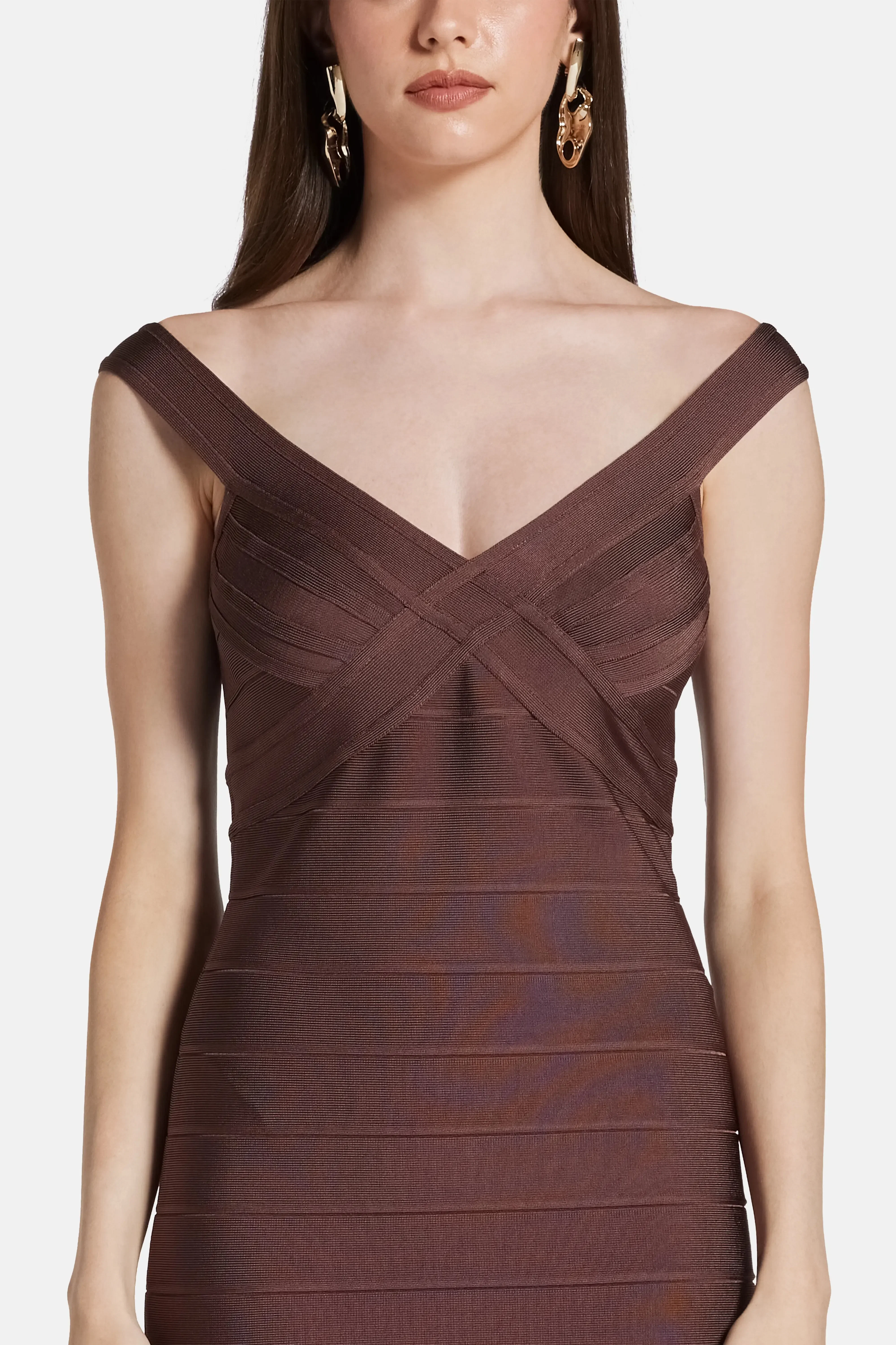 Hervé Léger Rachel Off Shoulder Bandage Knit Mini Dress in Brown