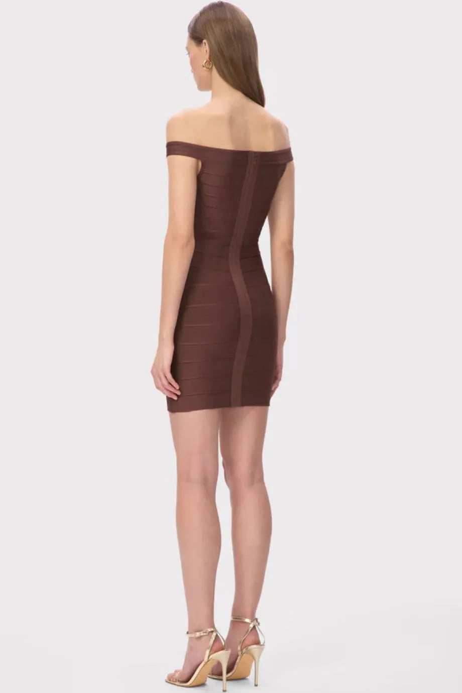 Hervé Léger Rachel Off Shoulder Bandage Knit Mini Dress in Brown