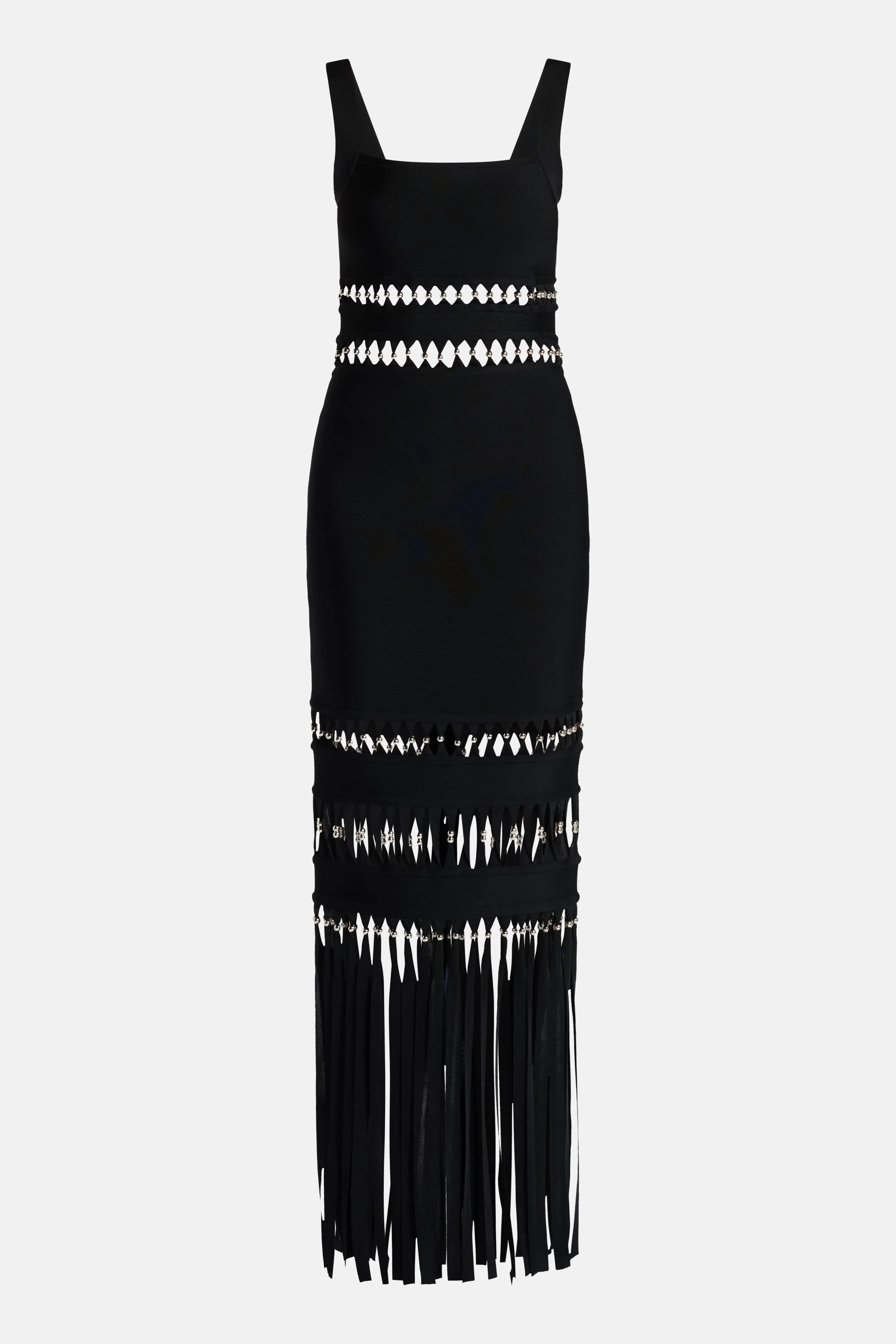 Hervé Léger Ines Sleeveless Bandage Knit Maxi Dress With Fringes in Black