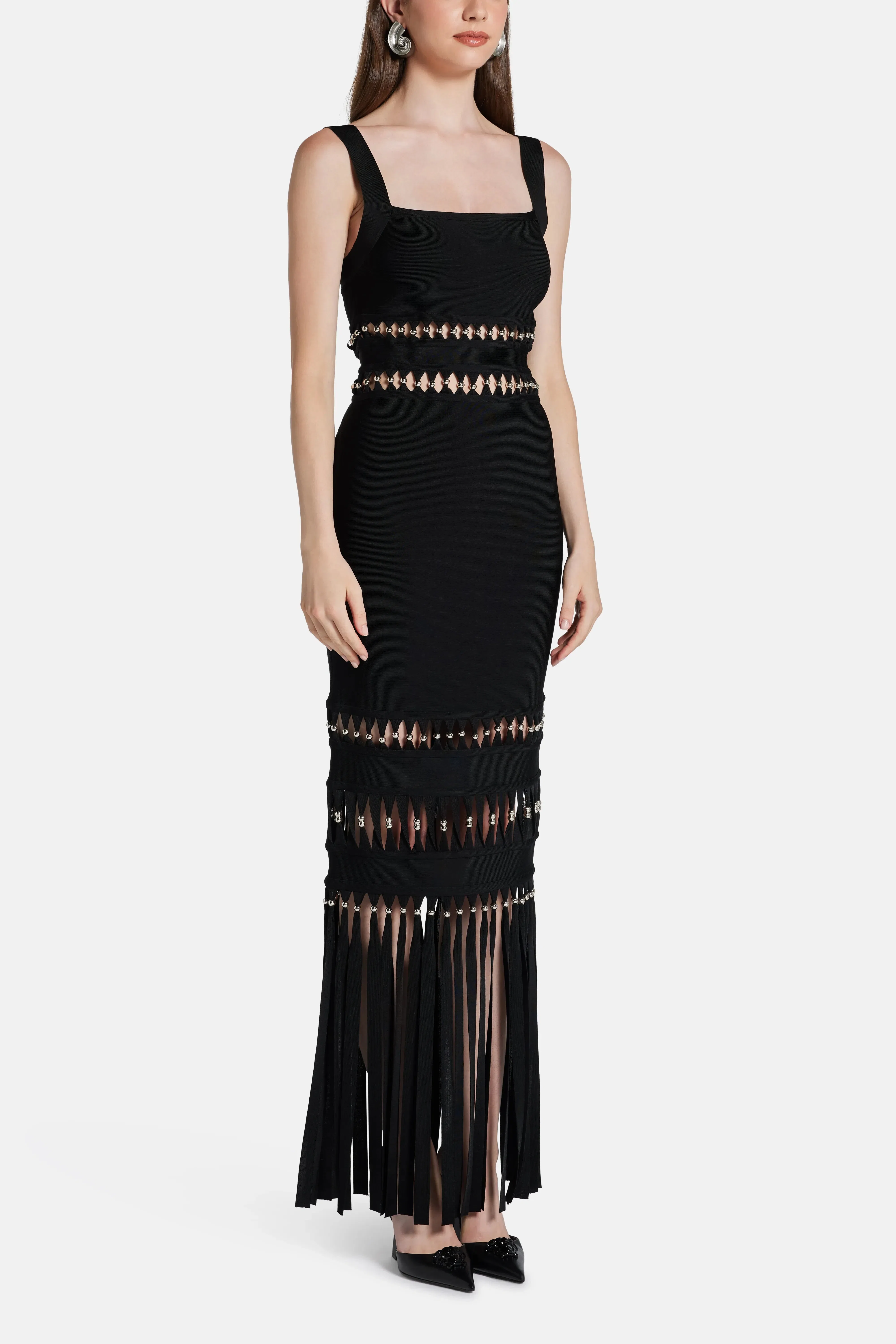Hervé Léger Ines Sleeveless Bandage Knit Maxi Dress With Fringes in Black