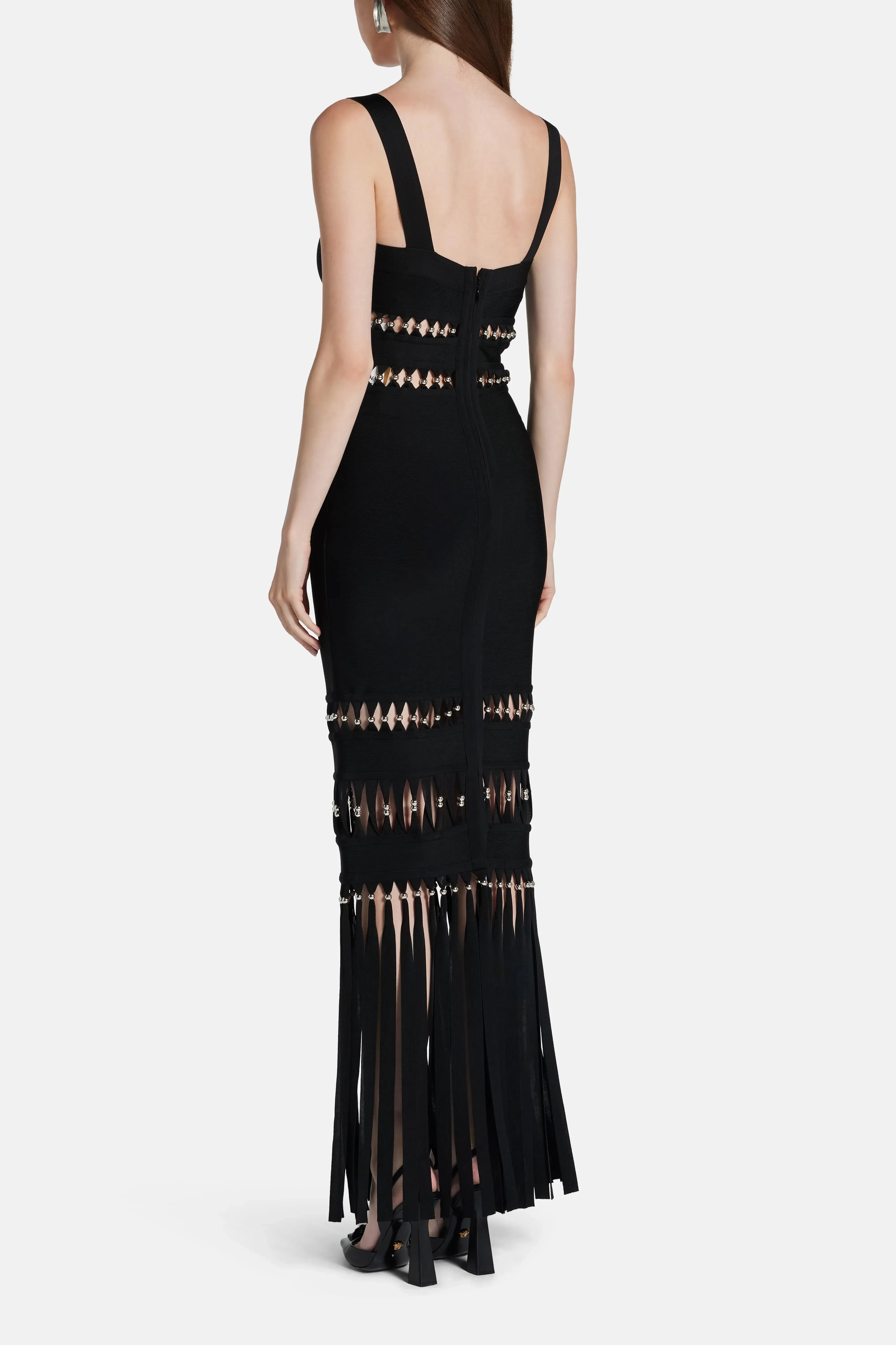 Hervé Léger Ines Sleeveless Bandage Knit Maxi Dress With Fringes in Black