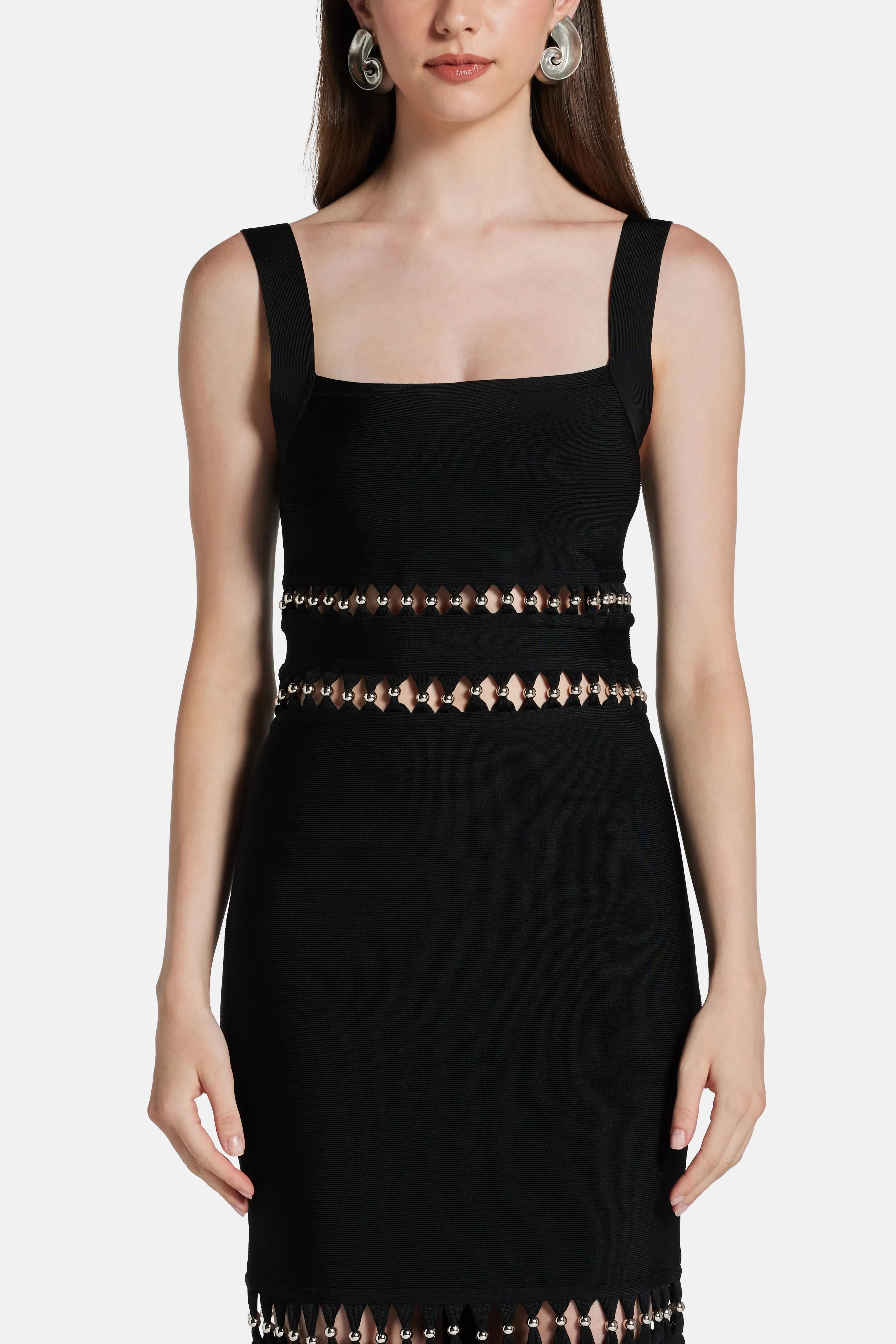 Hervé Léger Ines Sleeveless Bandage Knit Maxi Dress With Fringes in Black