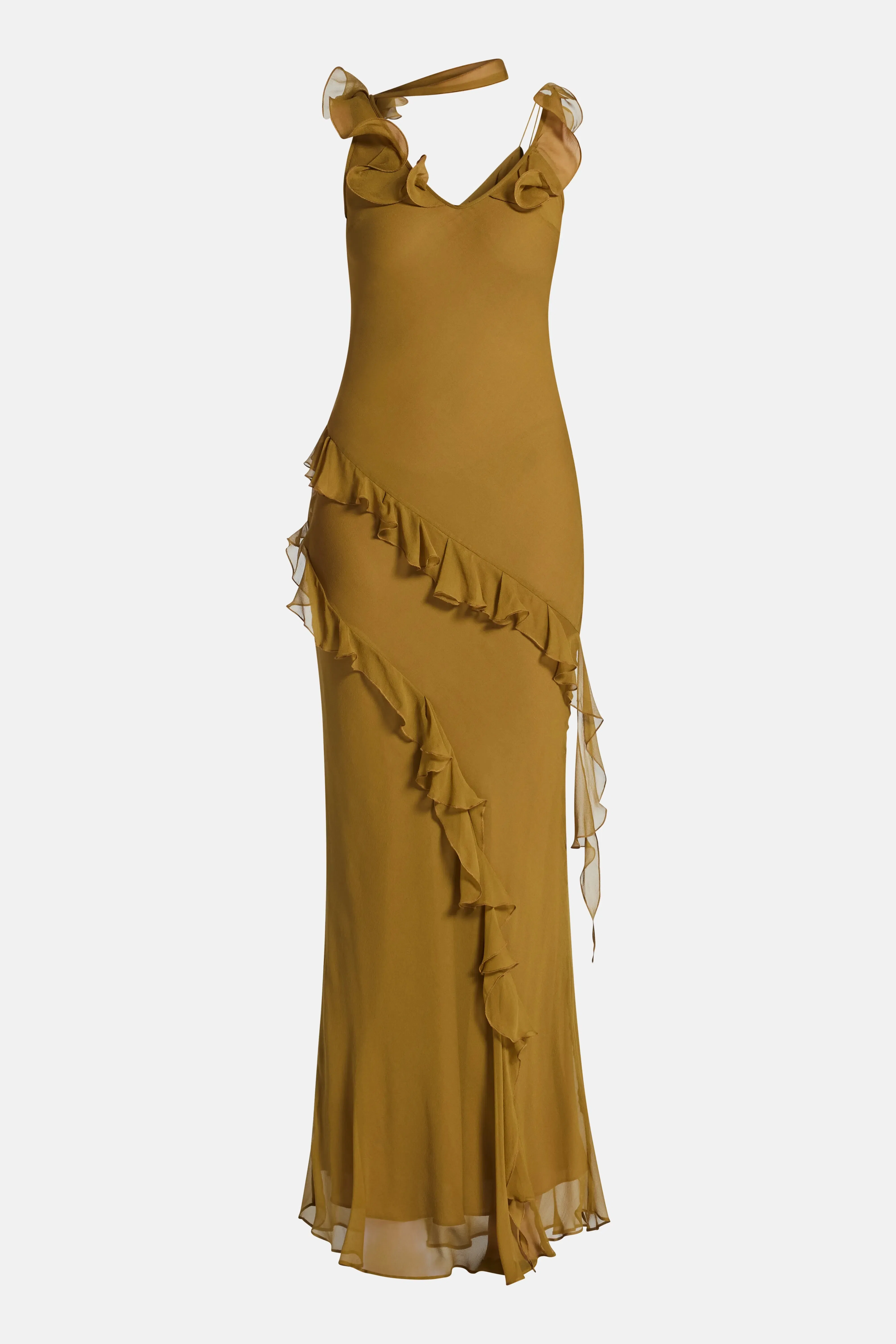 De La Vali Hemera Sleeveless Ruffle Silk Chiffon Maxi Dress With Detachable Scarf in Brown