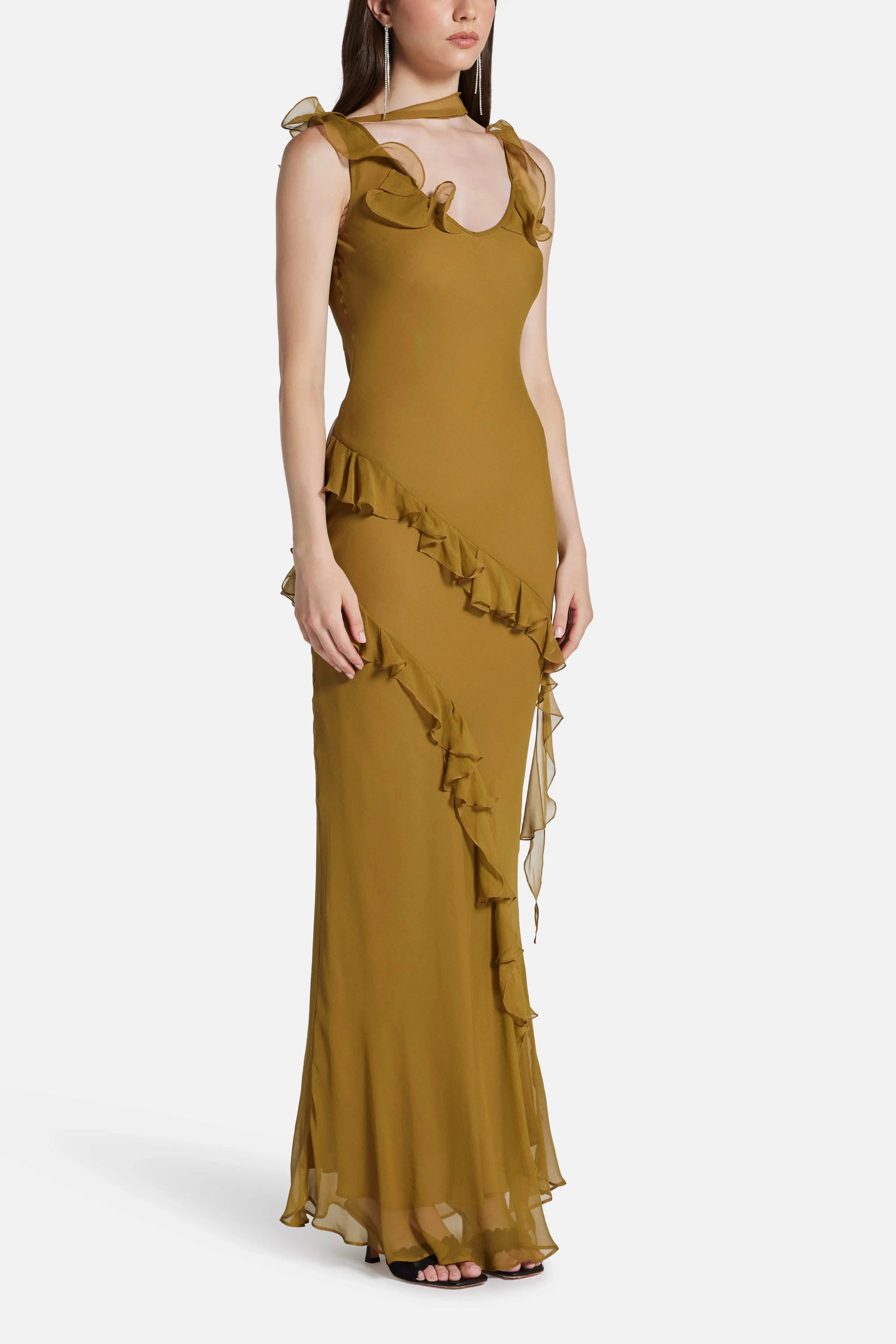 De La Vali Hemera Sleeveless Ruffle Silk Chiffon Maxi Dress With Detachable Scarf in Brown
