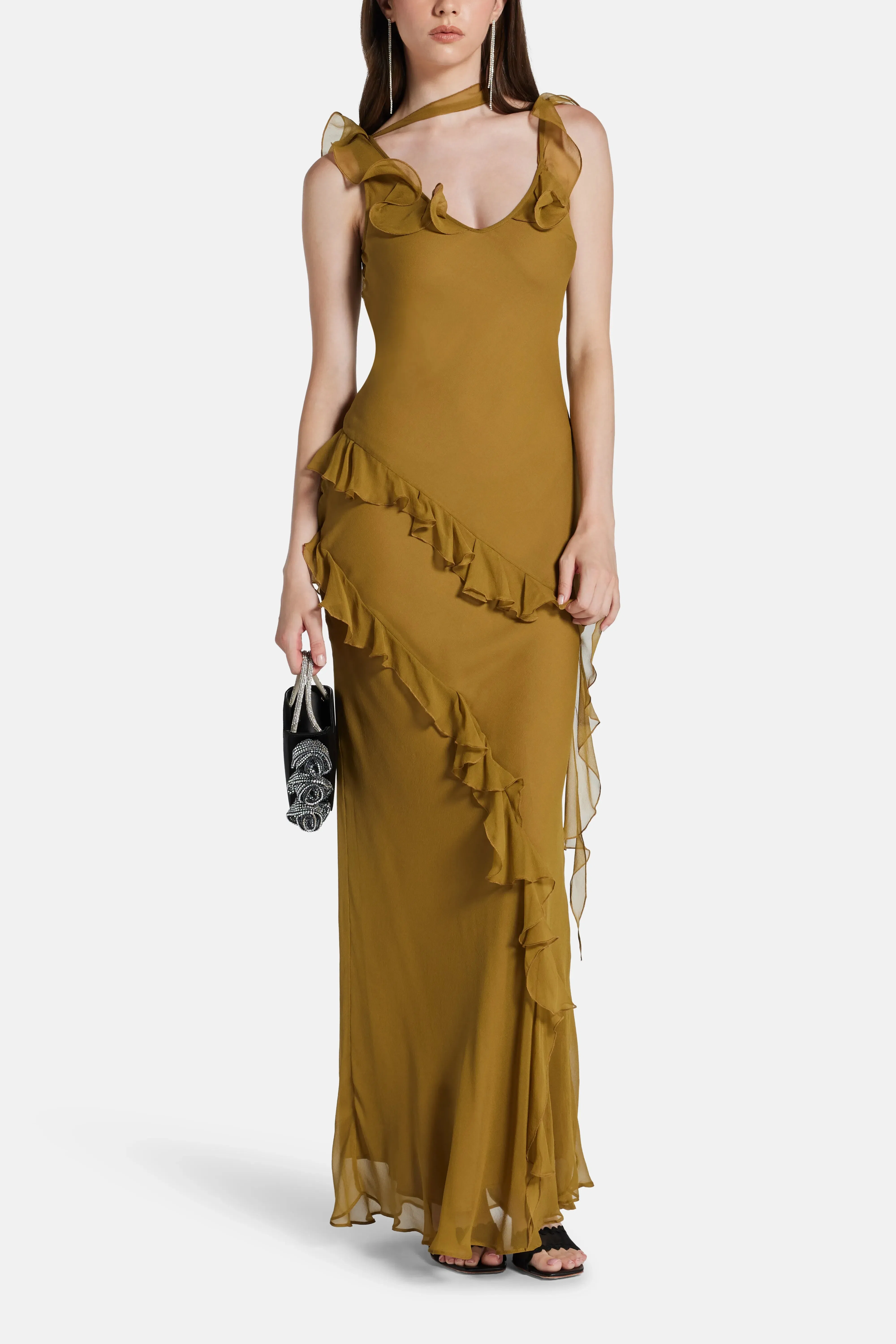 De La Vali Hemera Sleeveless Ruffle Silk Chiffon Maxi Dress With Detachable Scarf in Brown