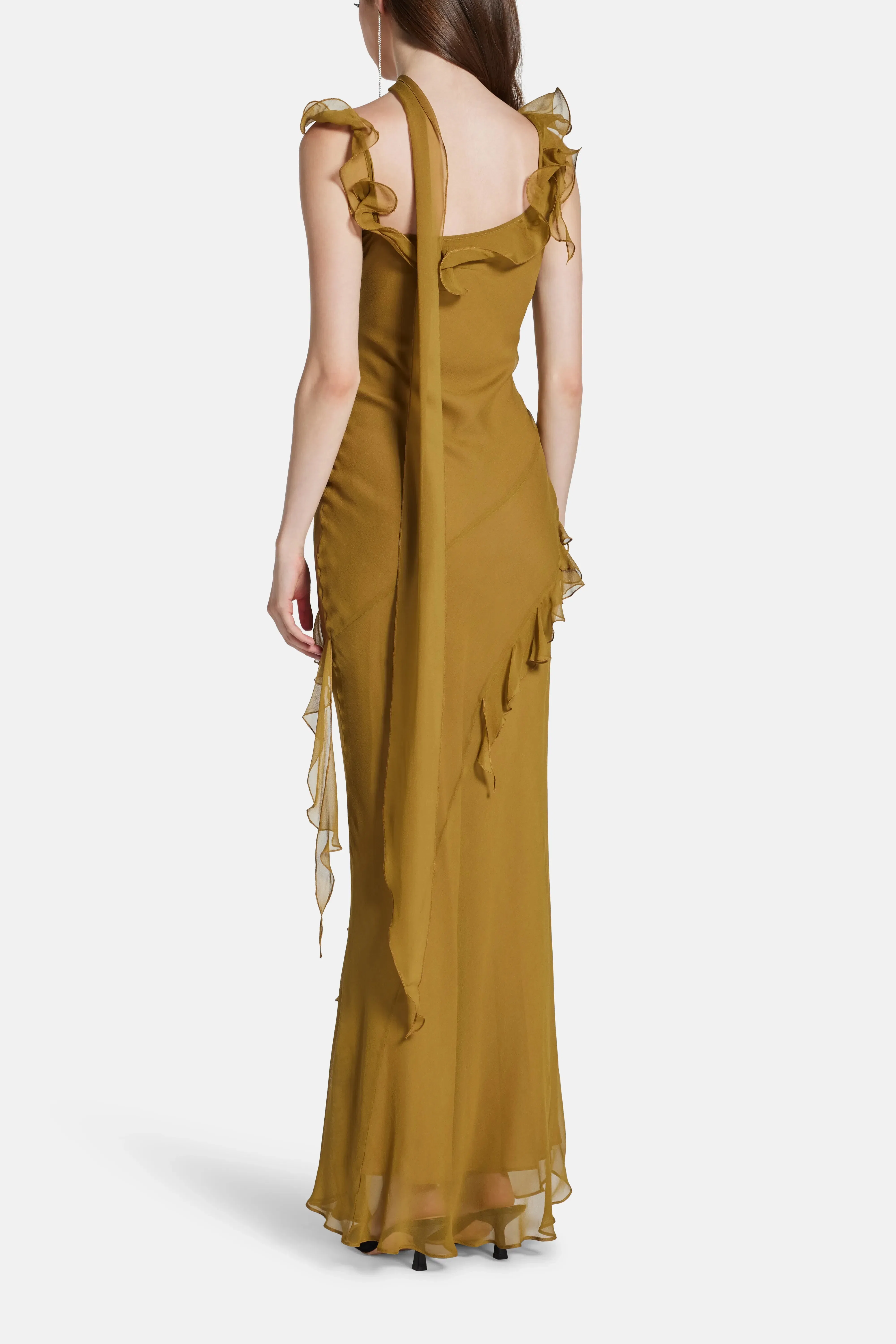 De La Vali Hemera Sleeveless Ruffle Silk Chiffon Maxi Dress With Detachable Scarf in Brown