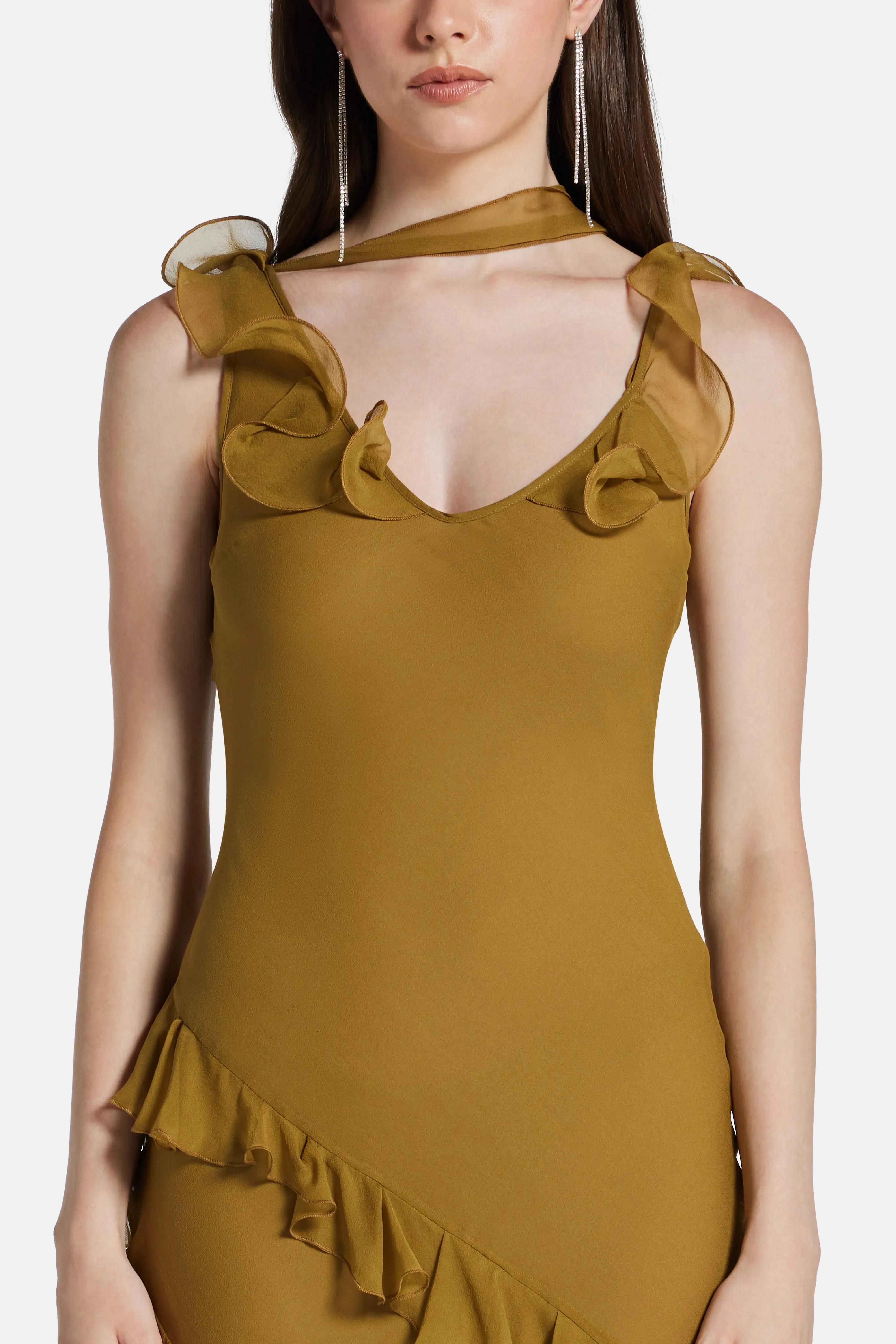 De La Vali Hemera Sleeveless Ruffle Silk Chiffon Maxi Dress With Detachable Scarf in Brown