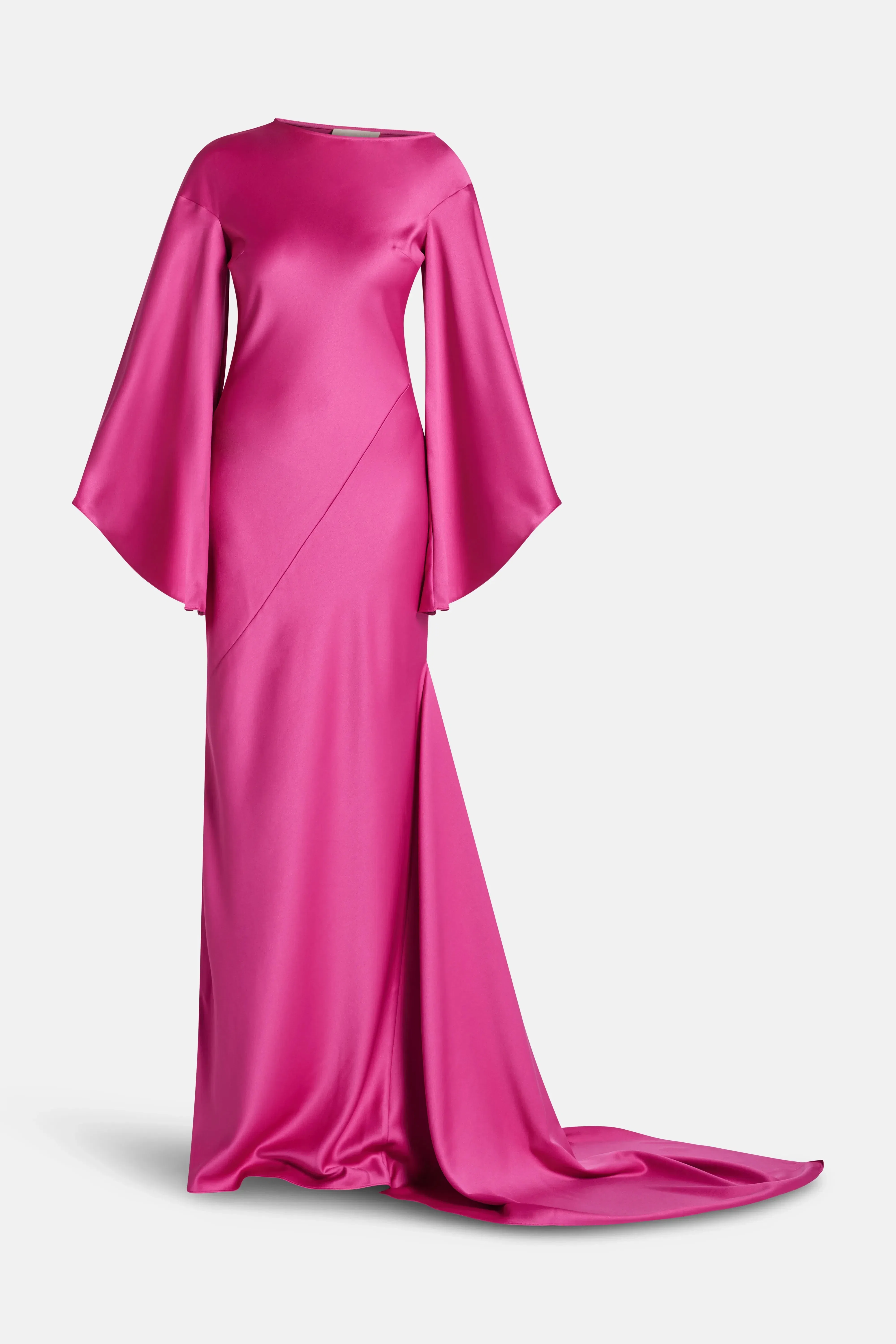 De La Vali Xanthe Flared Sleeves Satin Crepe Maxi Dress With Cascading Hem in Pink