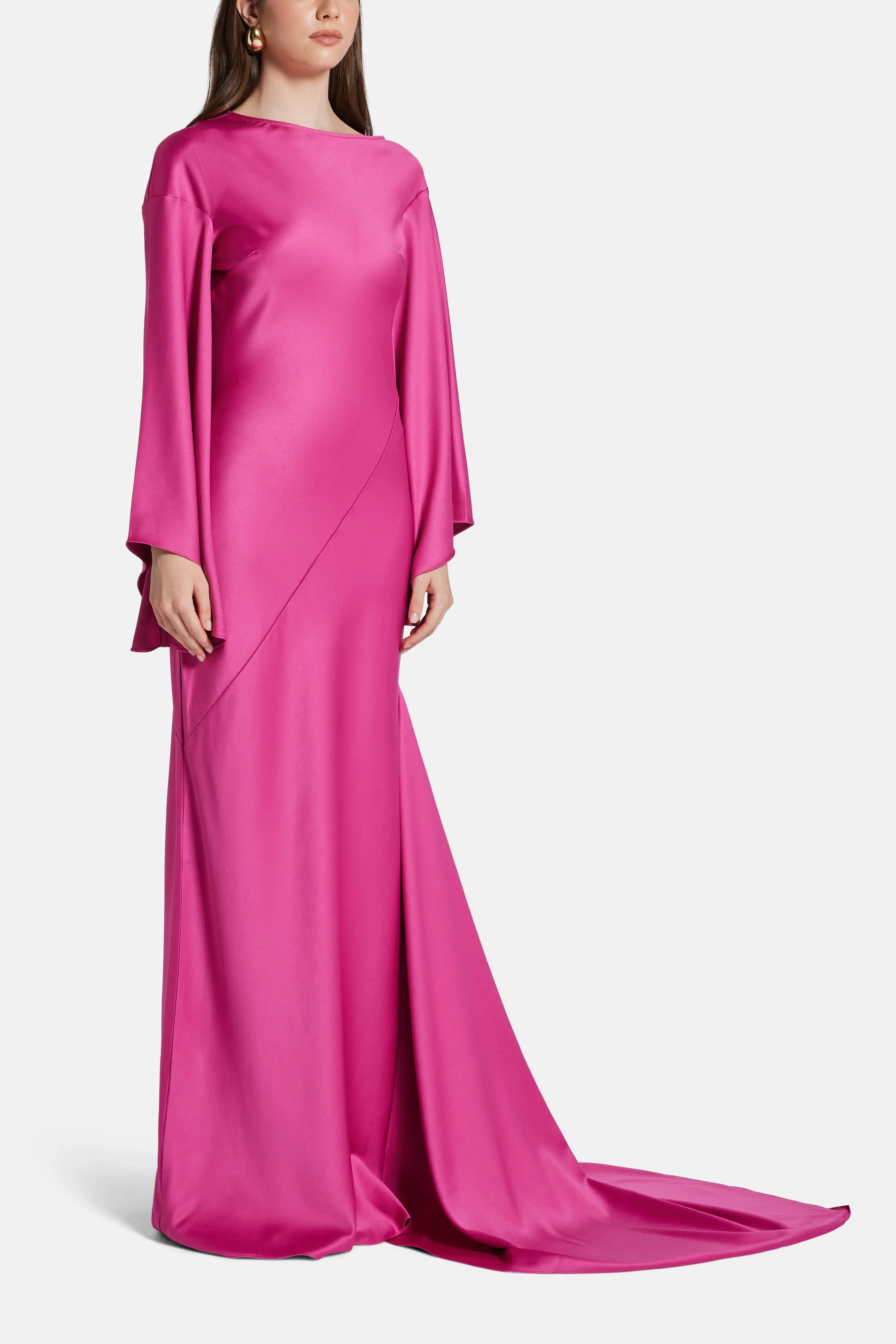 De La Vali Xanthe Flared Sleeves Satin Crepe Maxi Dress With Cascading Hem in Pink