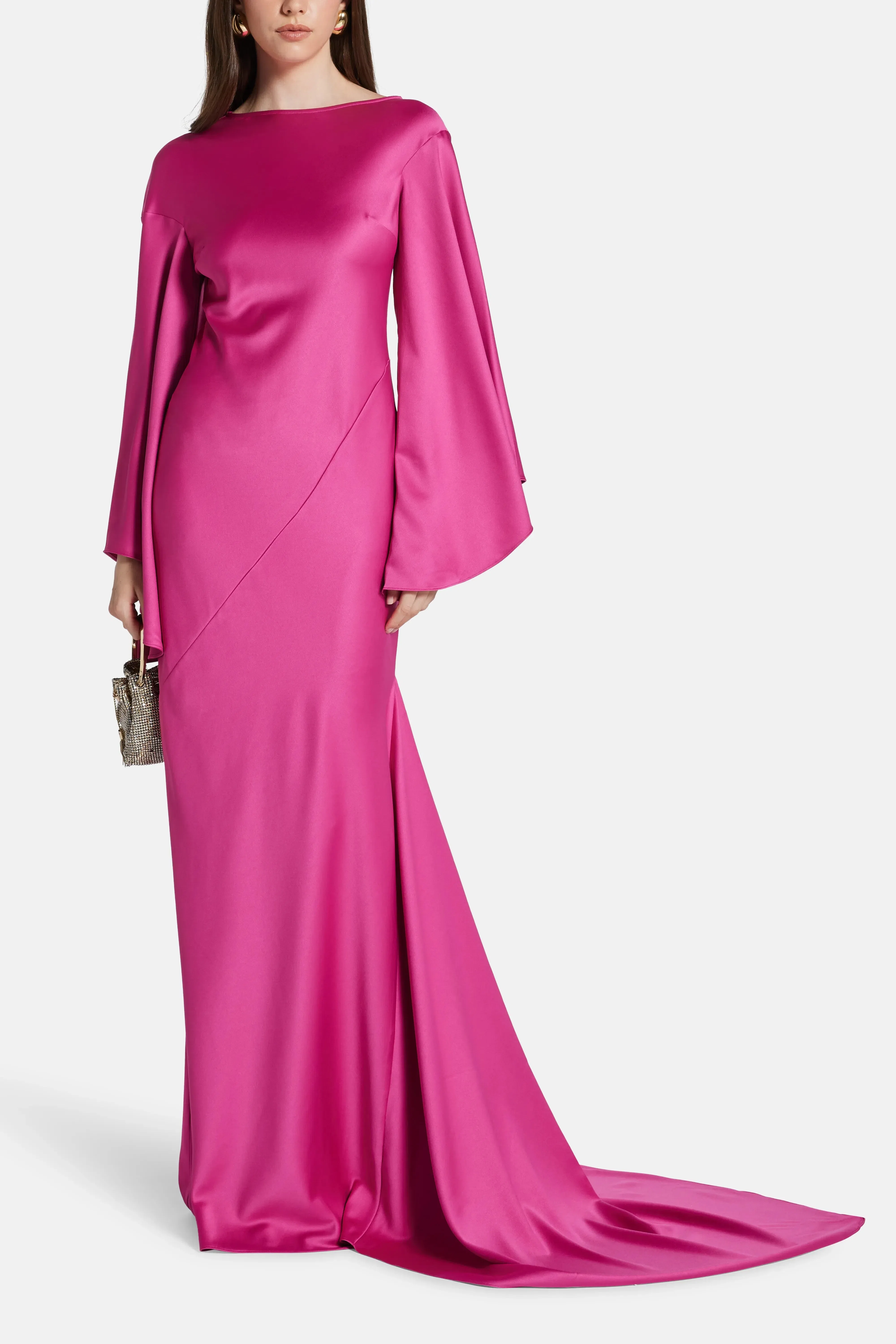 De La Vali Xanthe Flared Sleeves Satin Crepe Maxi Dress With Cascading Hem in Pink