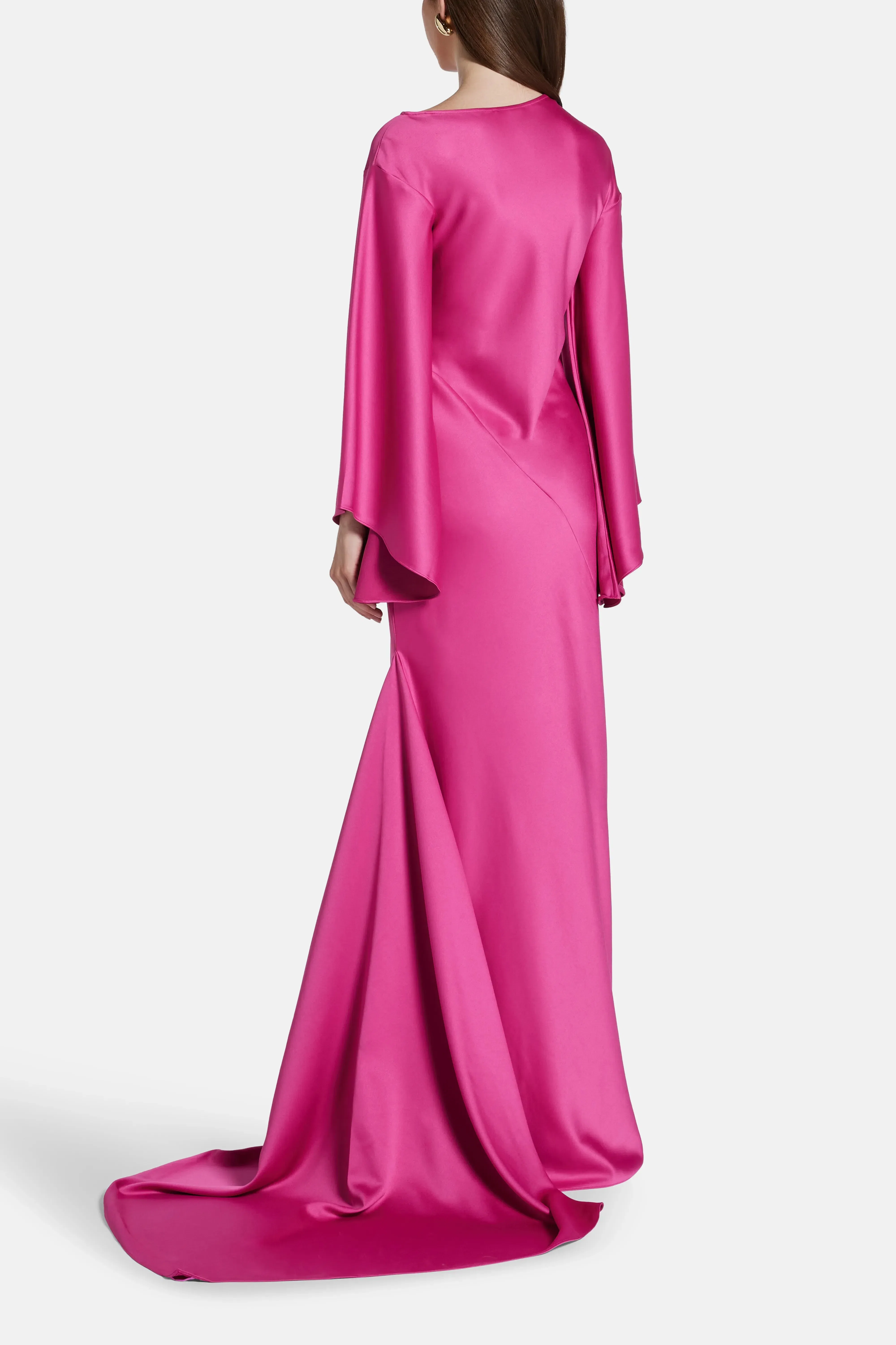 De La Vali Xanthe Flared Sleeves Satin Crepe Maxi Dress With Cascading Hem in Pink