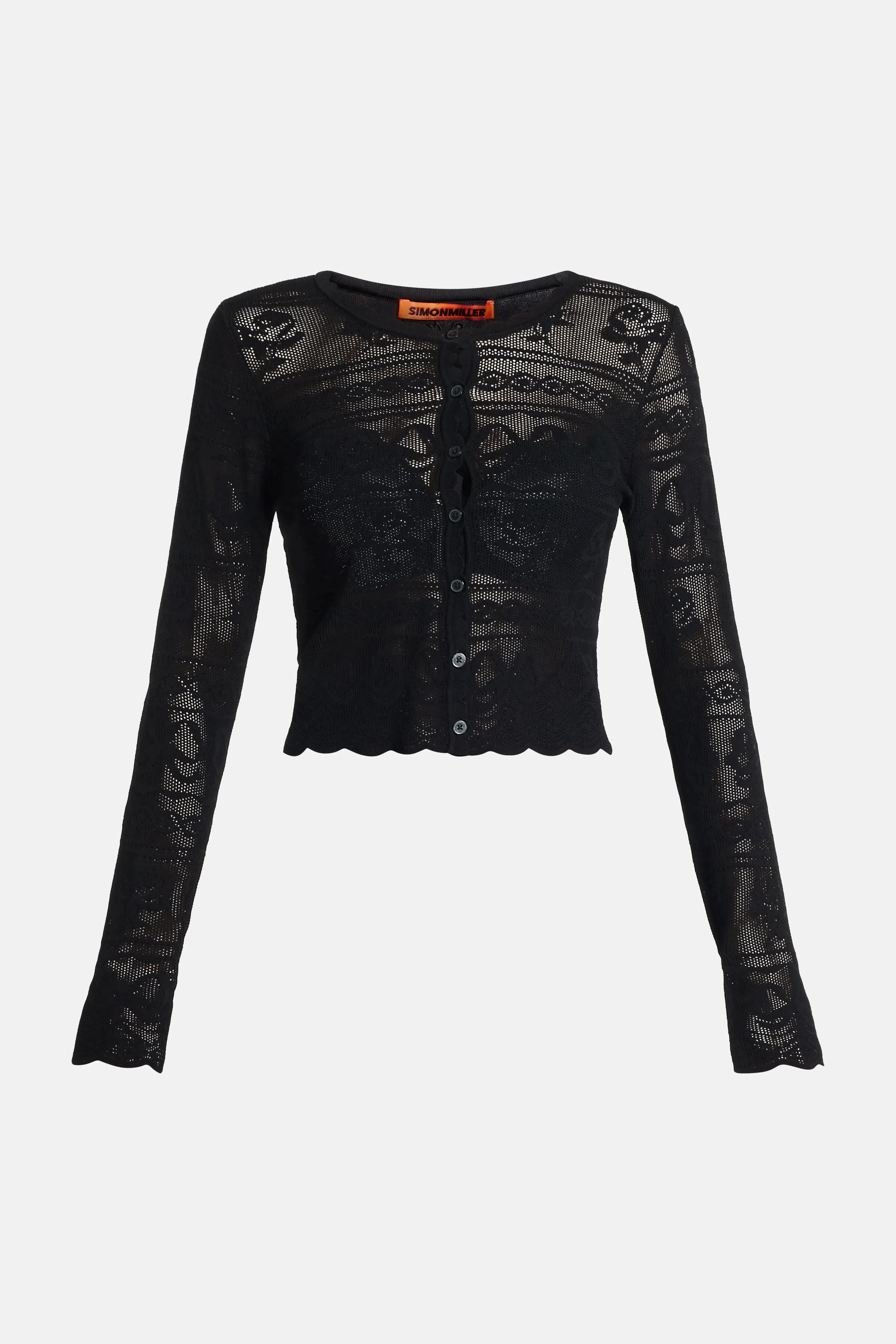 LoveShackFancy Gretta Bow Flower Pointelle Cropped Cardigan in Black