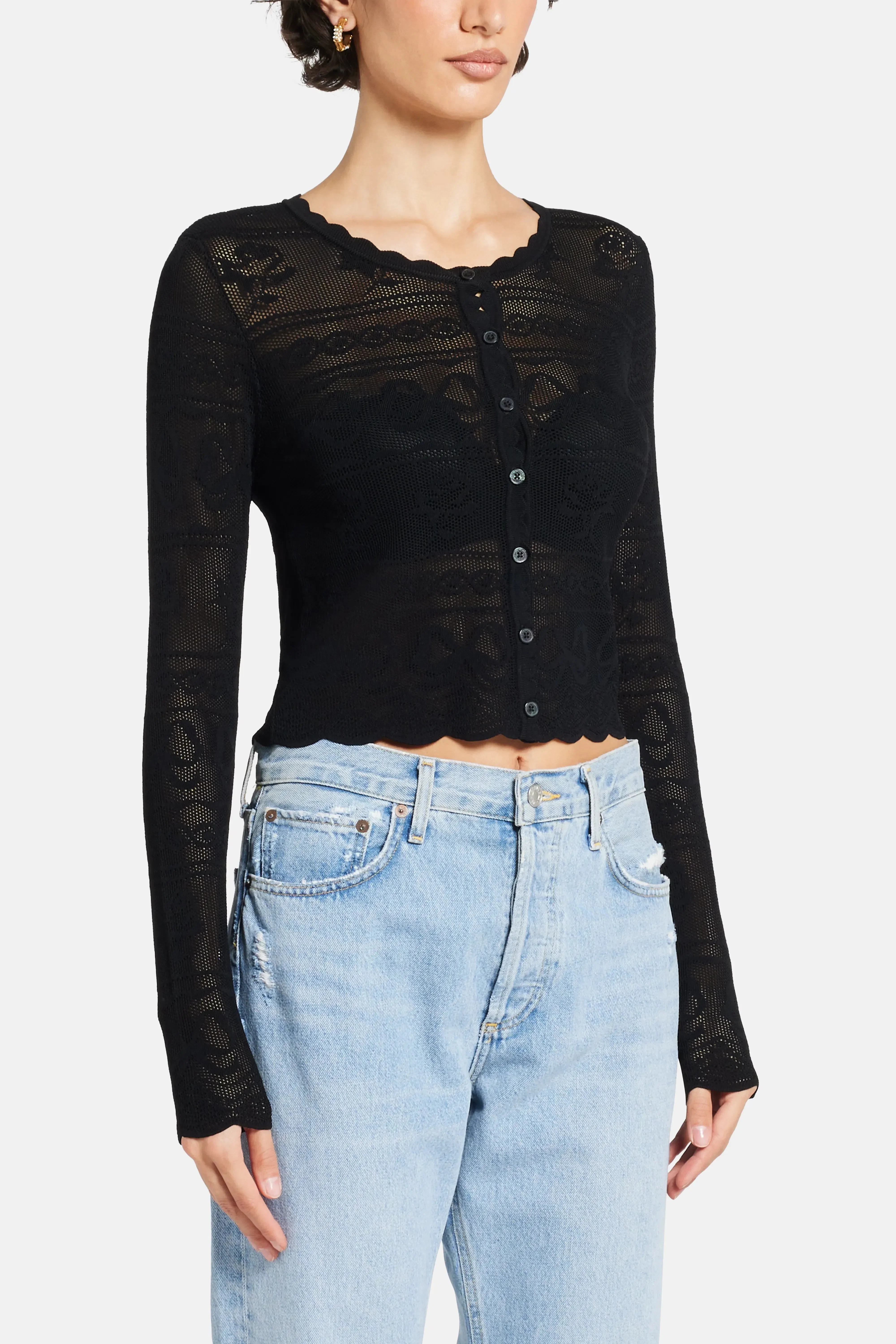 LoveShackFancy Gretta Bow Flower Pointelle Cropped Cardigan in Black