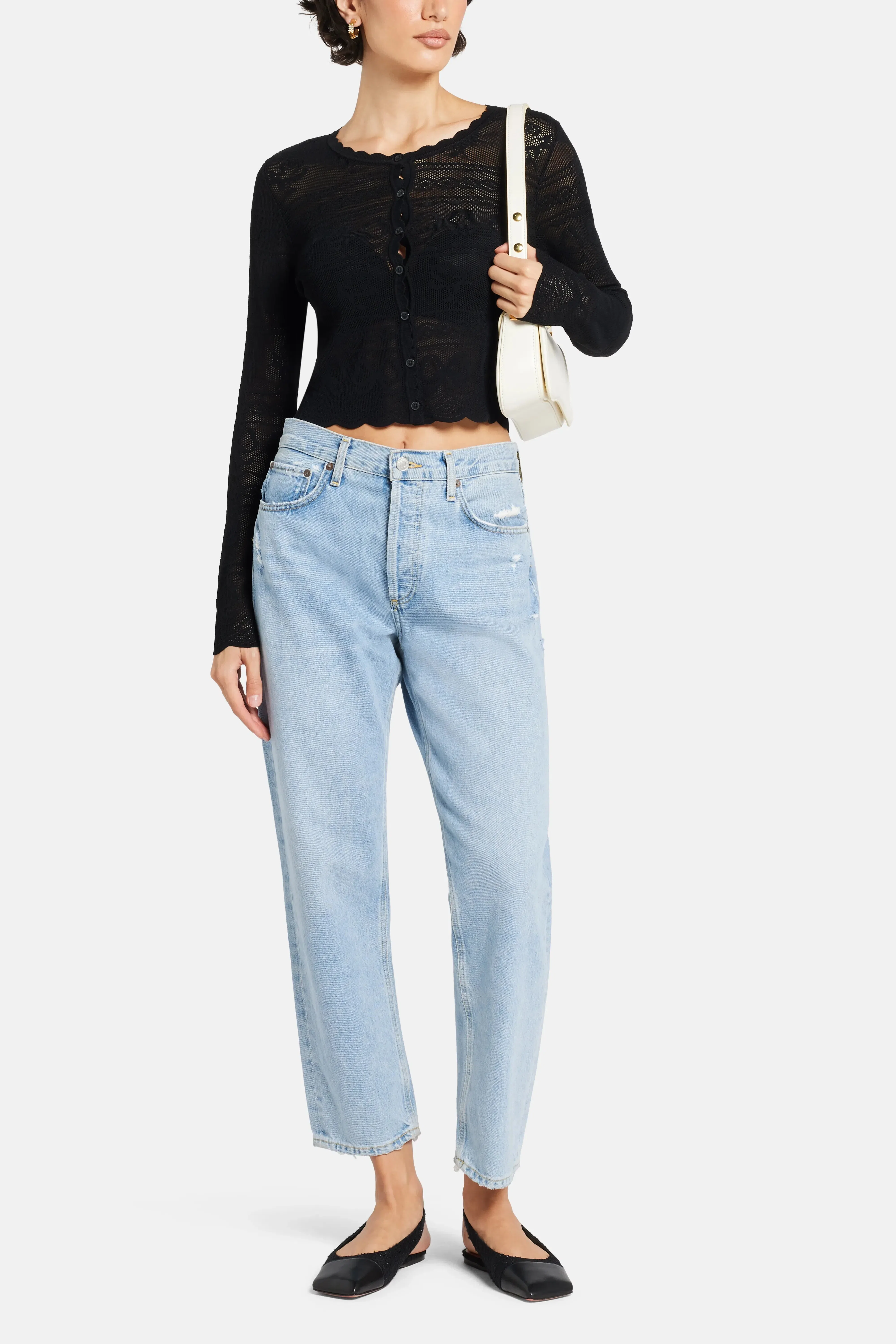 LoveShackFancy Gretta Bow Flower Pointelle Cropped Cardigan in Black