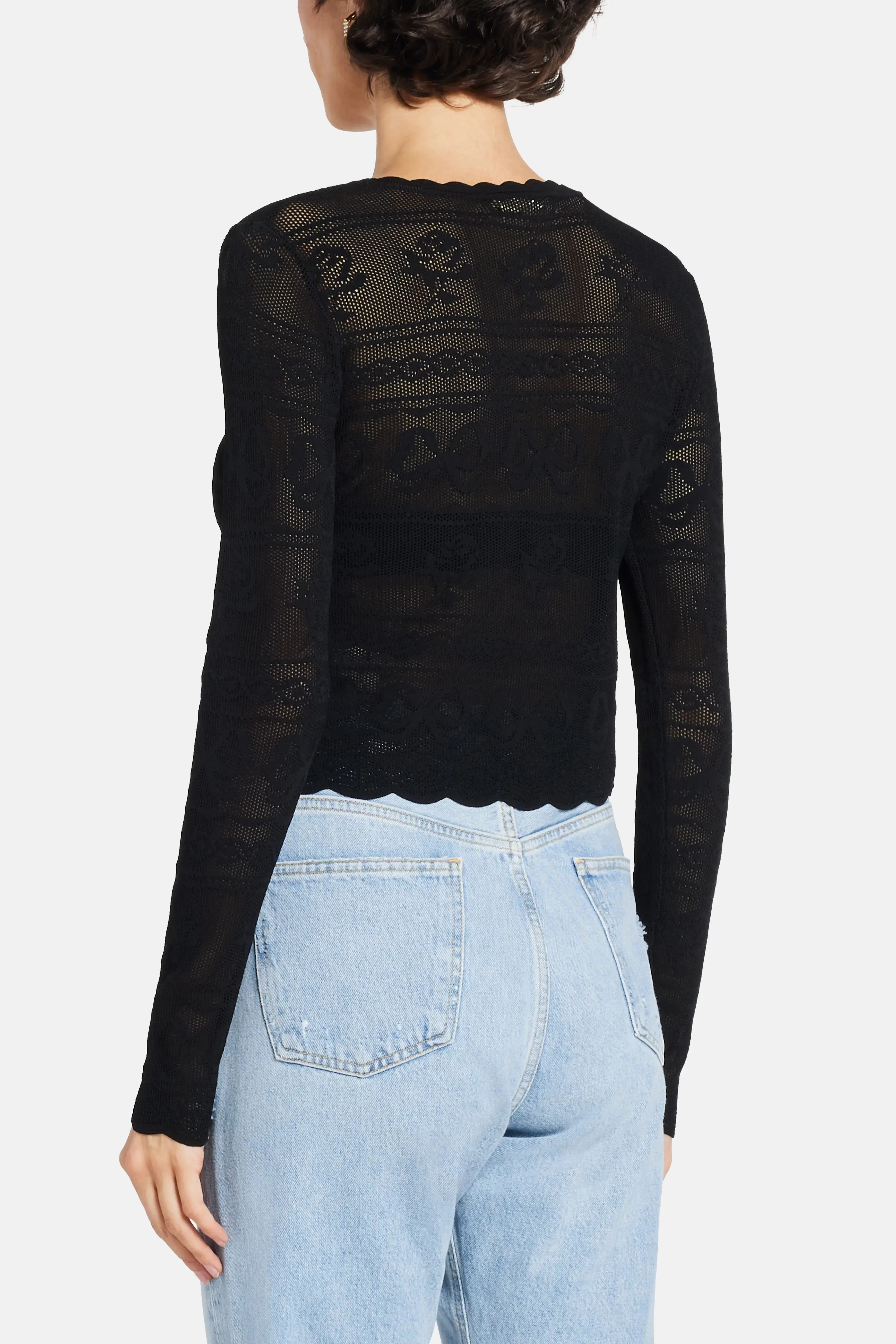 LoveShackFancy Gretta Bow Flower Pointelle Cropped Cardigan in Black