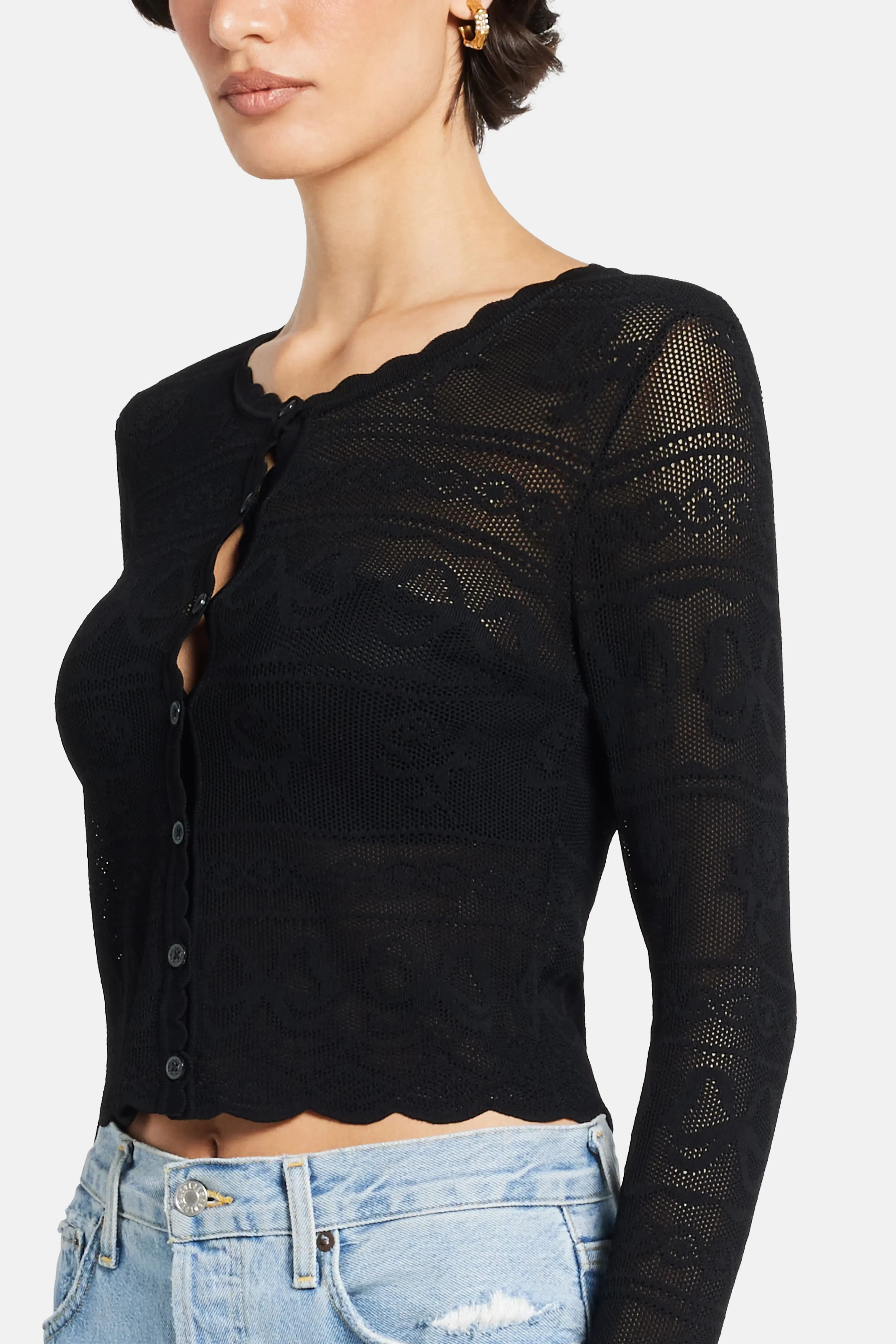 LoveShackFancy Gretta Bow Flower Pointelle Cropped Cardigan in Black