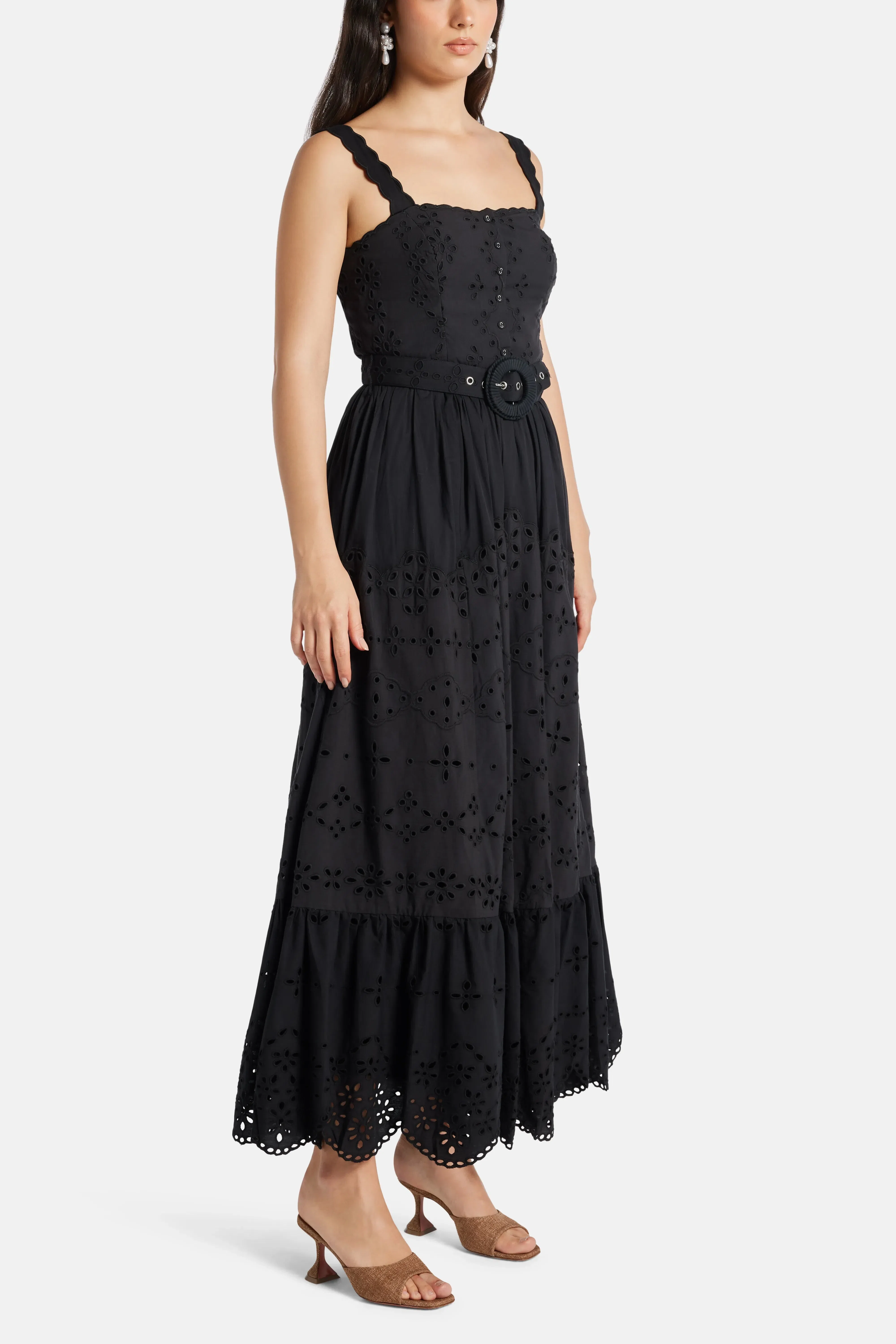 Hemant And Nandita Raga Sleeveless Belted Cotton Maxi Dress in Black