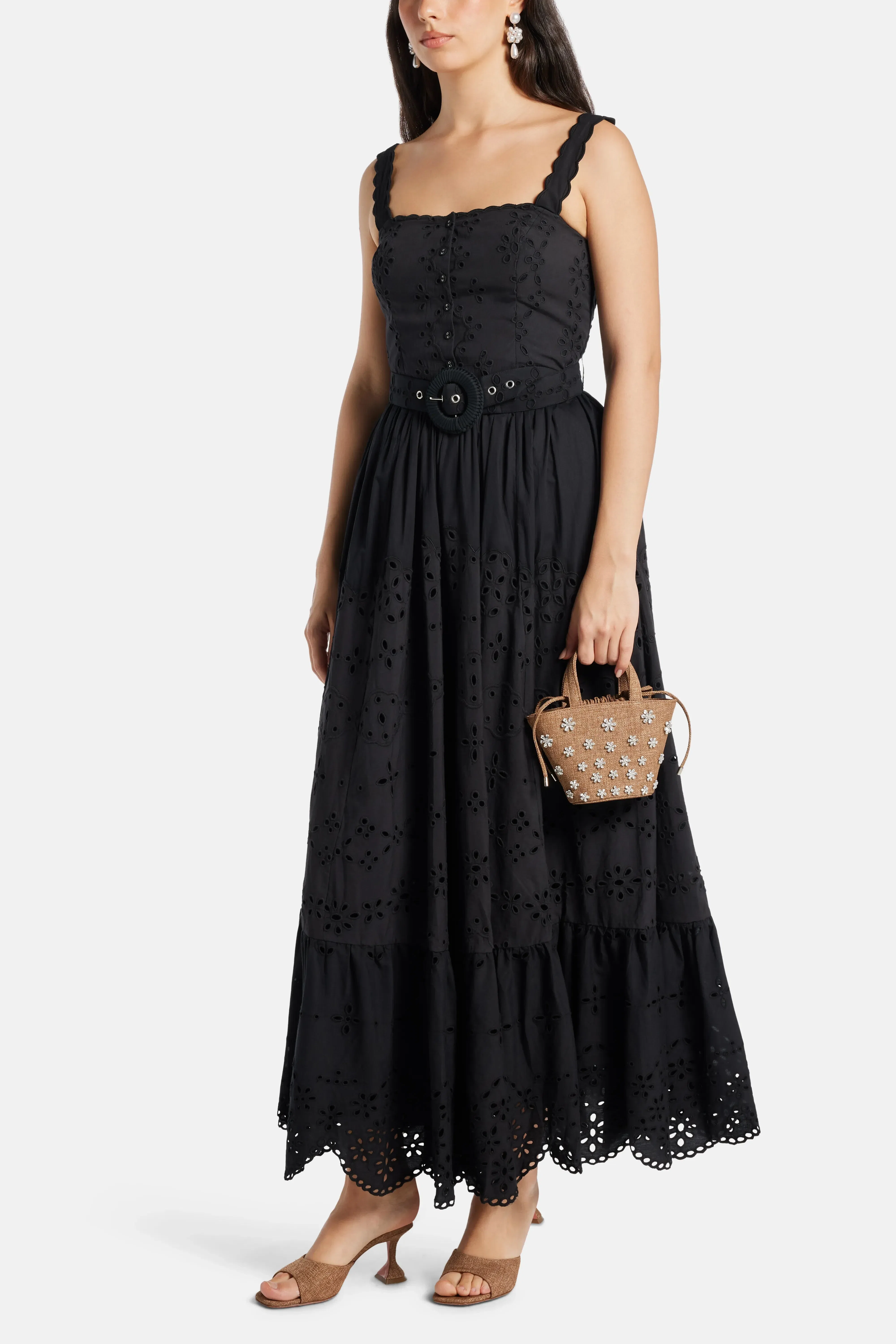 Hemant And Nandita Raga Sleeveless Belted Cotton Maxi Dress in Black