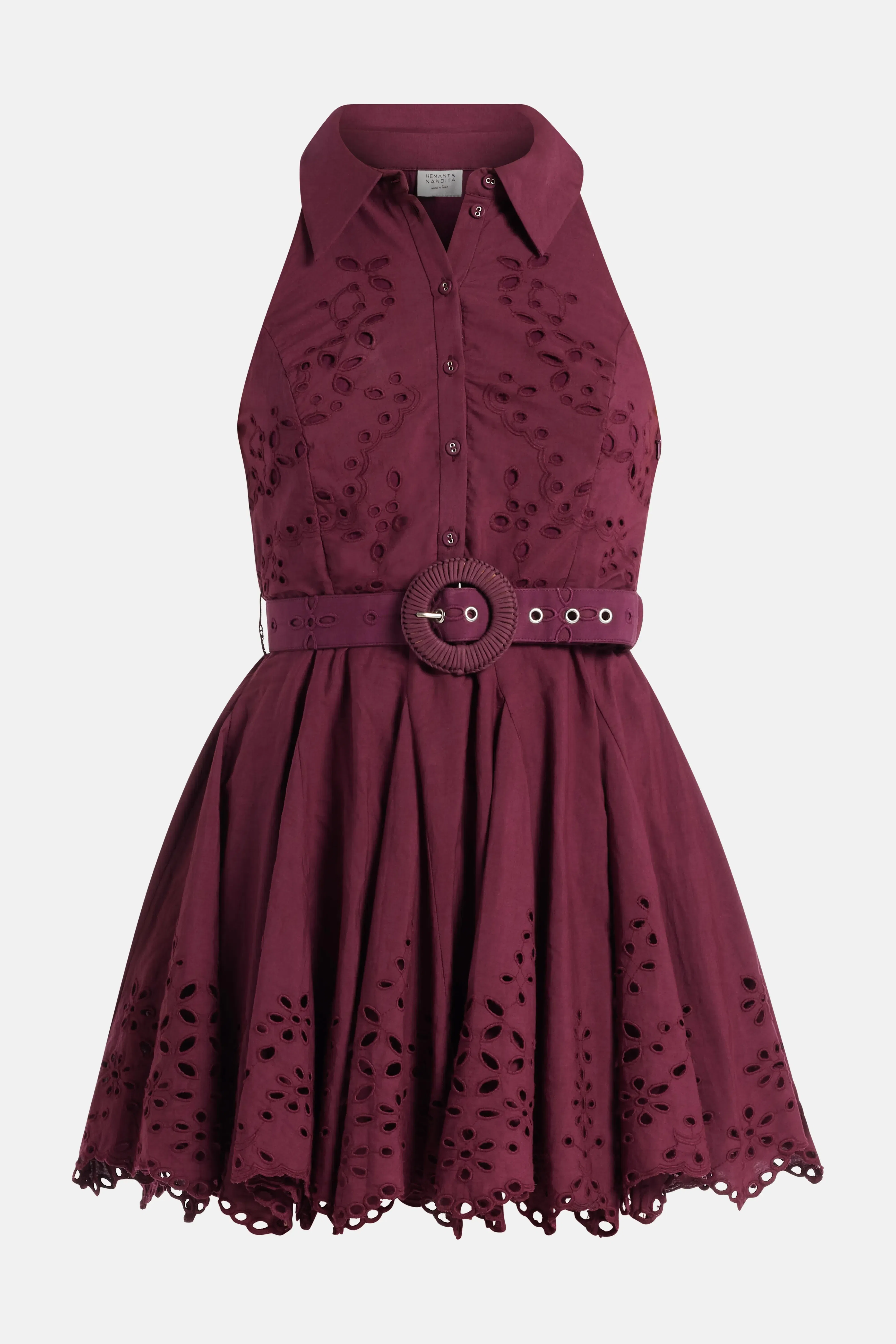 Hemant And Nandita Mahi Floral Sleeveless Belted Cotton Mini Dress in Burgundy